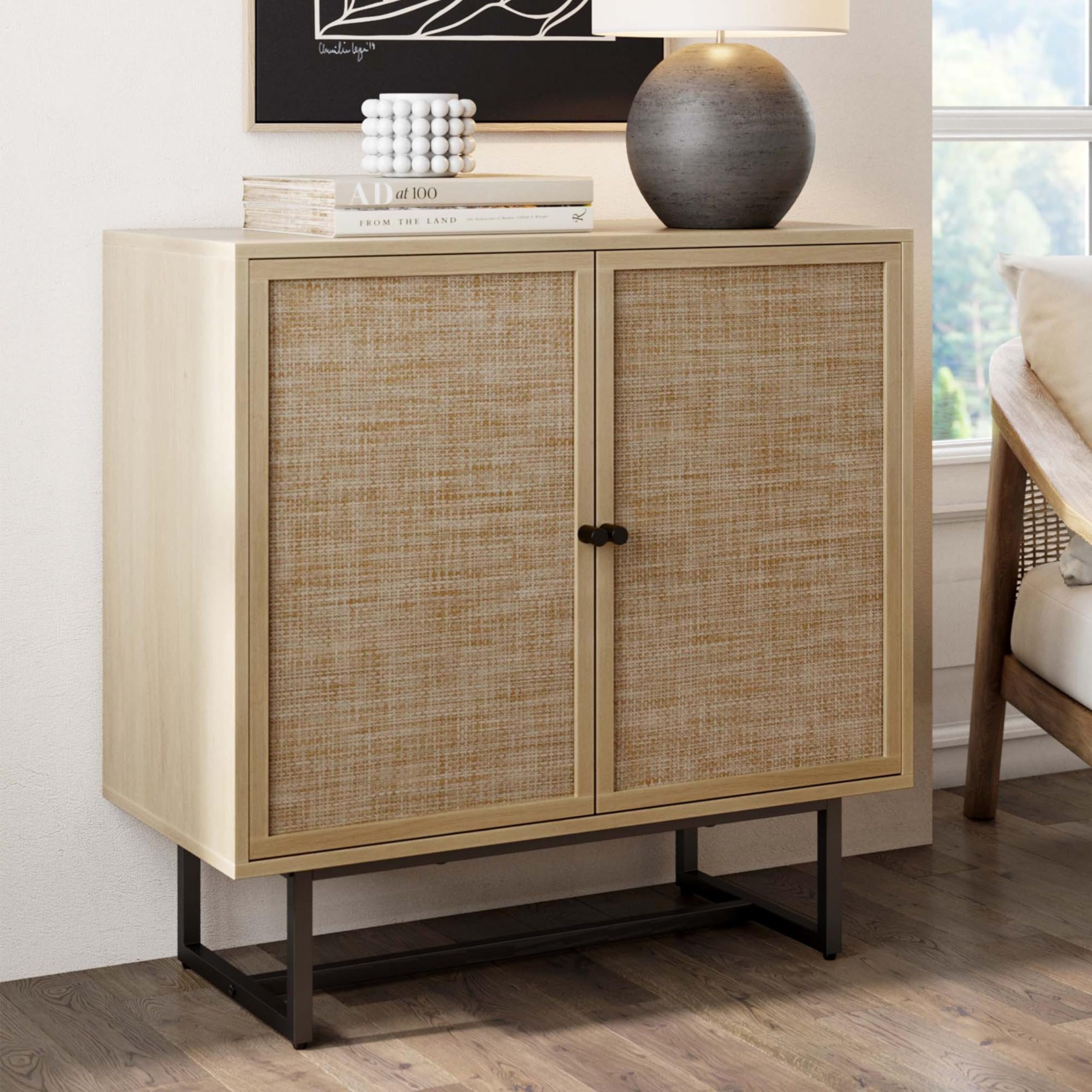 Nathan James Kova Accent Sideboard Storage Cabinet in Light Wood and Rattan with Metal Frame, Adjustable Shelves and Cane Doors,
