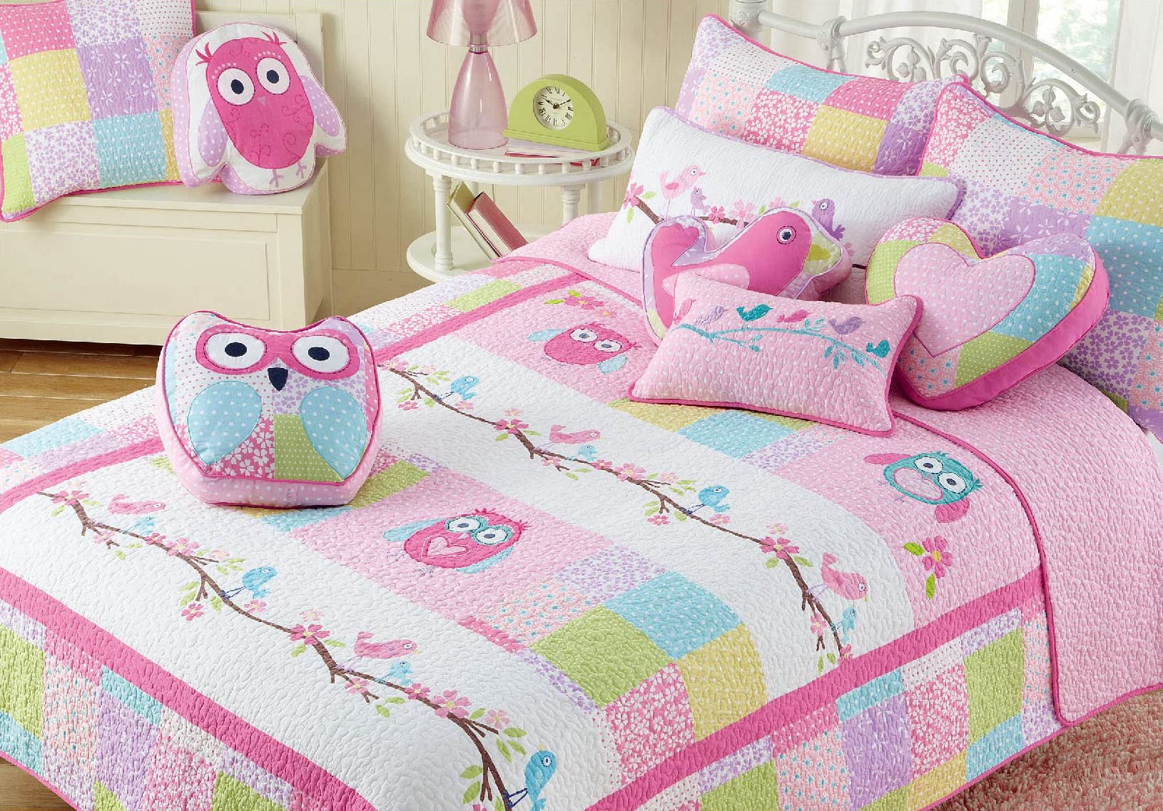 Cozy Line Home Fashions Queen - 7 Piece Cute Owl Pink Blue Green Embroidery 100% Cotton Reversible Girl Bedding Quilt Set, Cover