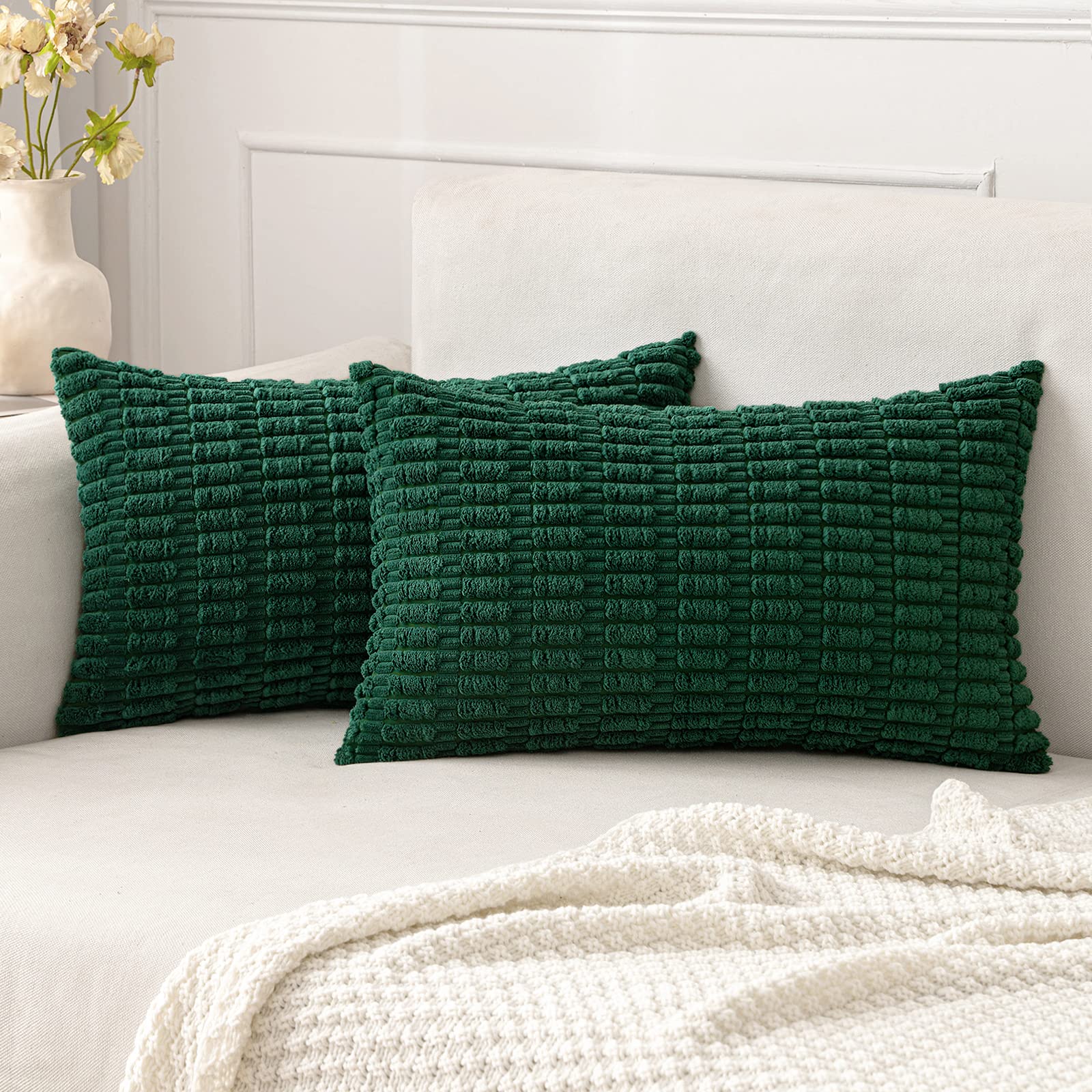 Miulee Pack Of 2 Dark Green Corduroy Decorative Christmas Pillow Covers 12X20 Inch Soft Boho Striped Throw Pillow Covers Modern