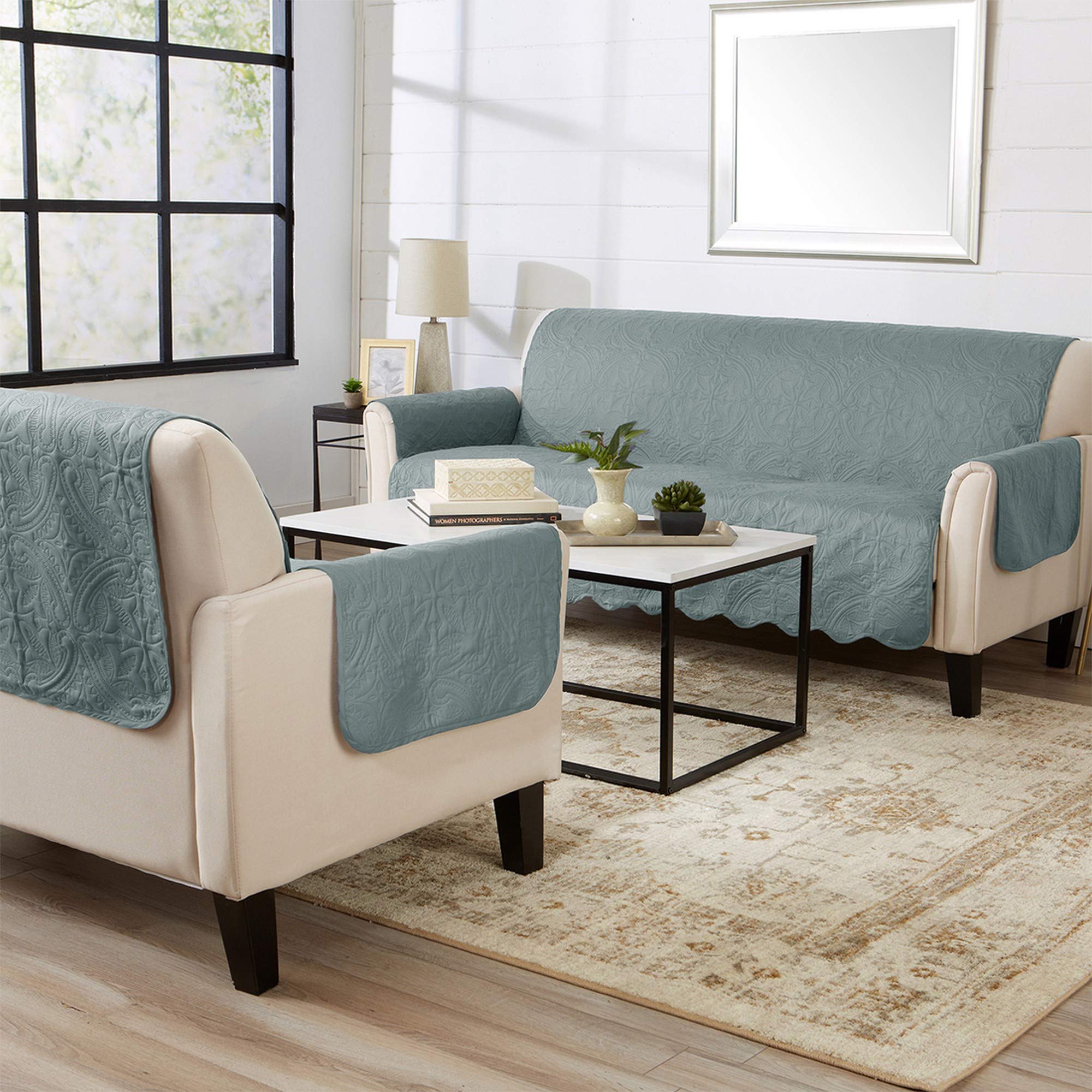 Medallion Stitched Solid Furniture Protector Stain Resistant Durable Furniture Protector Elenor Collection (Chair, Mirage Gray/Flax)