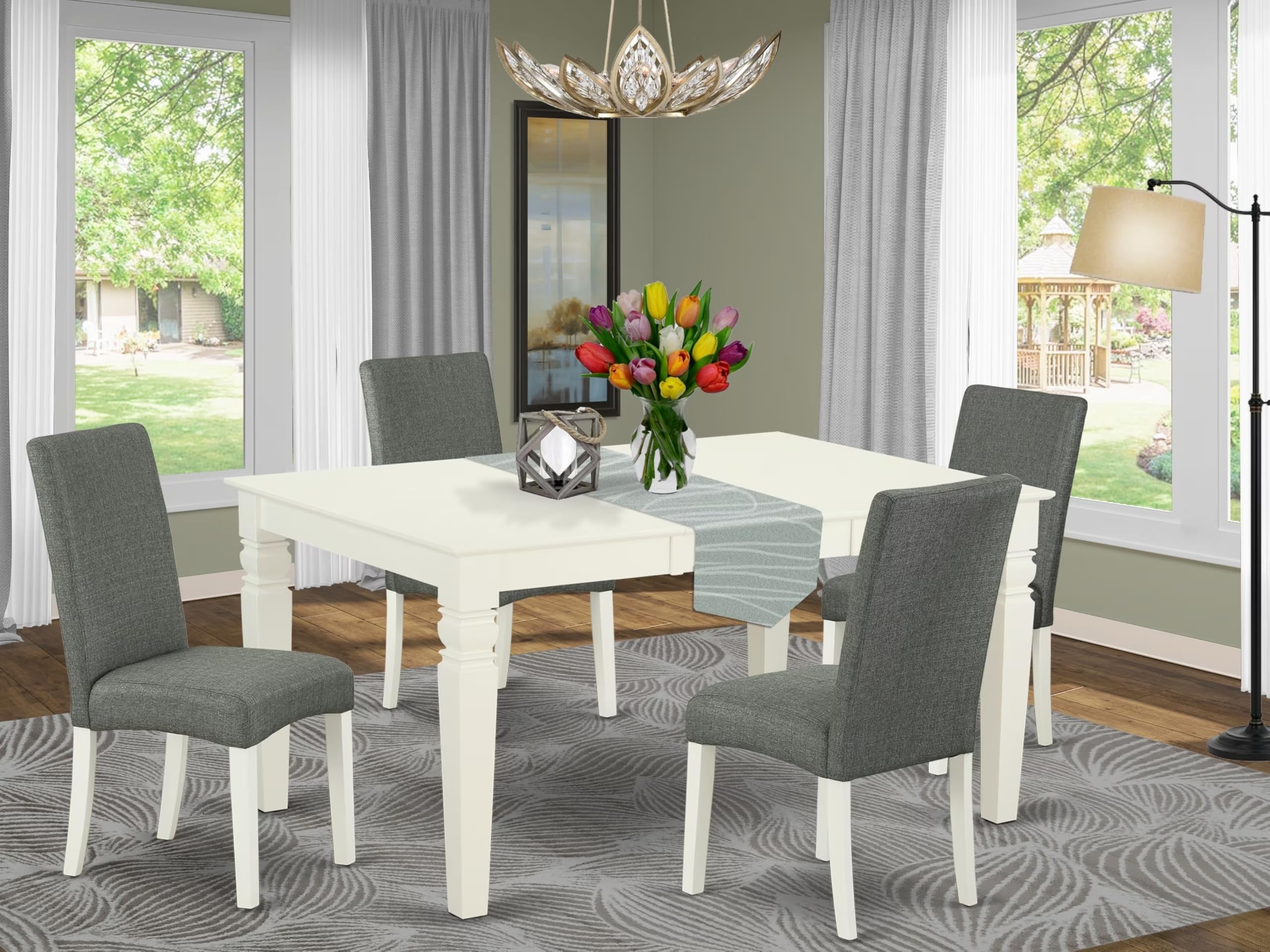 East West Furniture Wedr5-Lwh-07 5 Piece Dining Set Includes A Rectangle Dining Room Table With Butterfly Leaf And 4 Gray Linen Fabric Upholstered Chairs, 42X60 Inch, Linen White