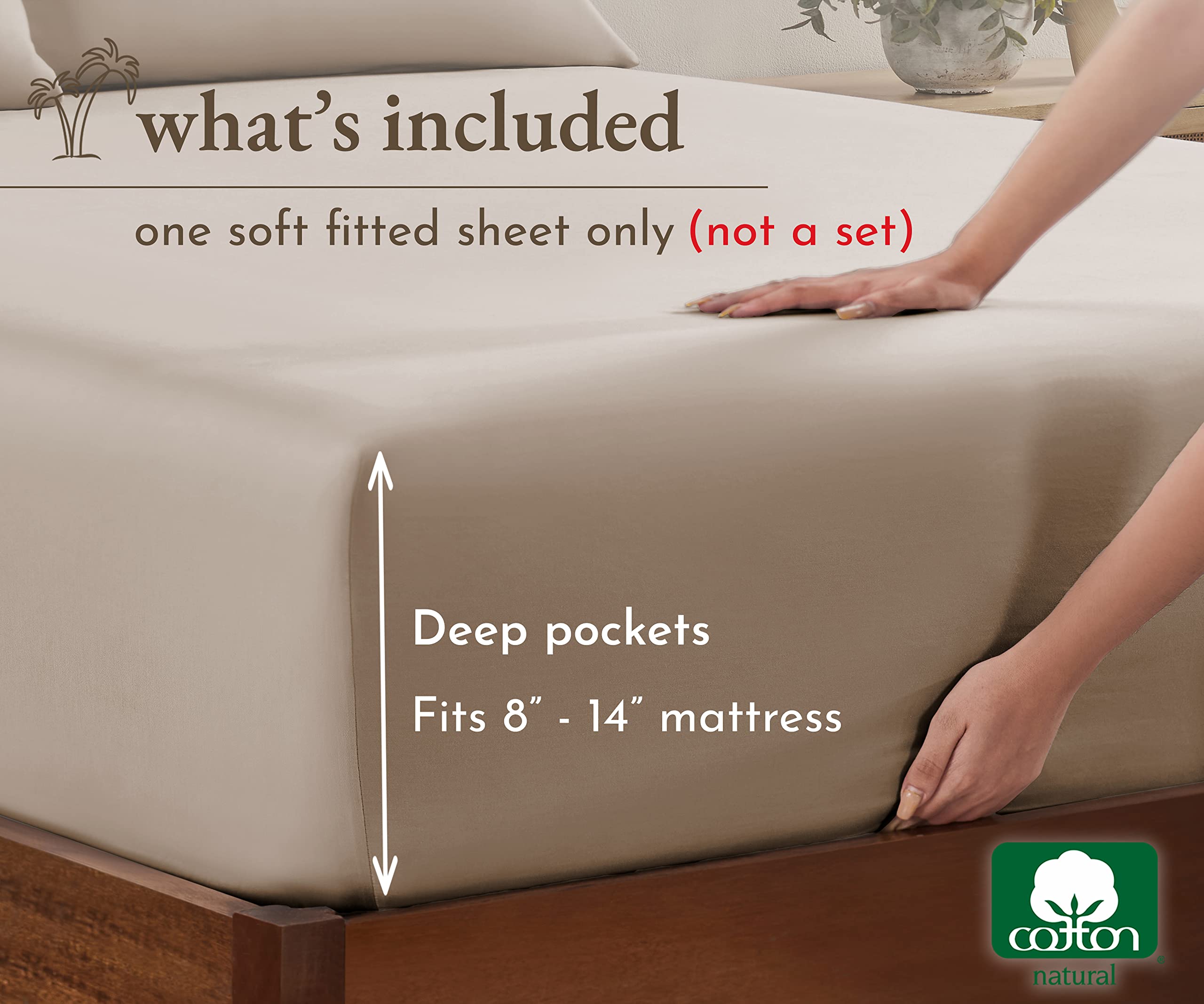 California Design Den Queen Fitted Sheet Only, Soft 100% Cotton Sateen, Deep Pocket, Durable All-Around Elastic, Head/Foot Side Indicators, Beige Fitted Sheet Queen