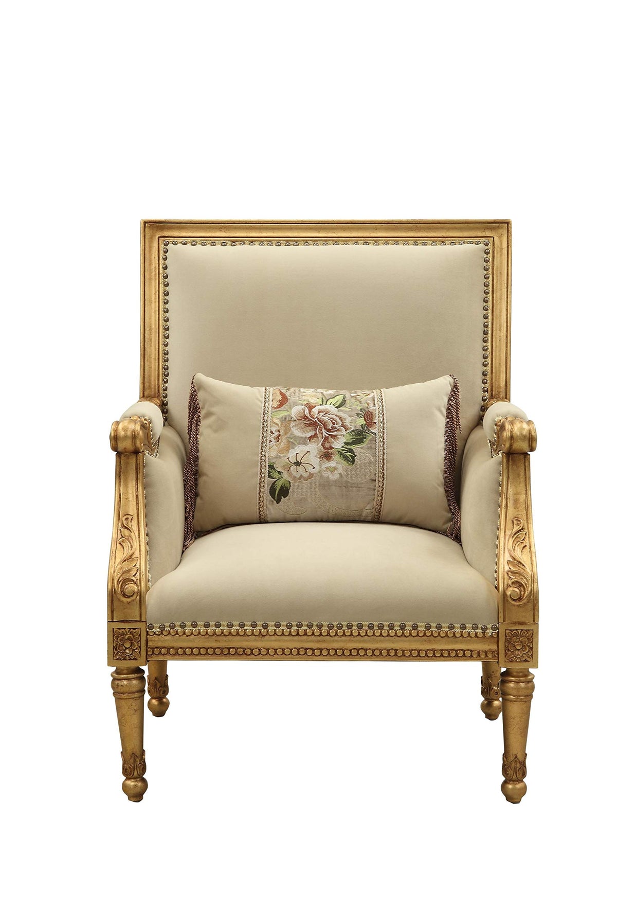 HomeRoots Upholstery, Wood Leg/Trim 33' X 32' X 41' Fabric Antique Gold Upholstery Wood Leg/Trim Accent Chair & Pillow