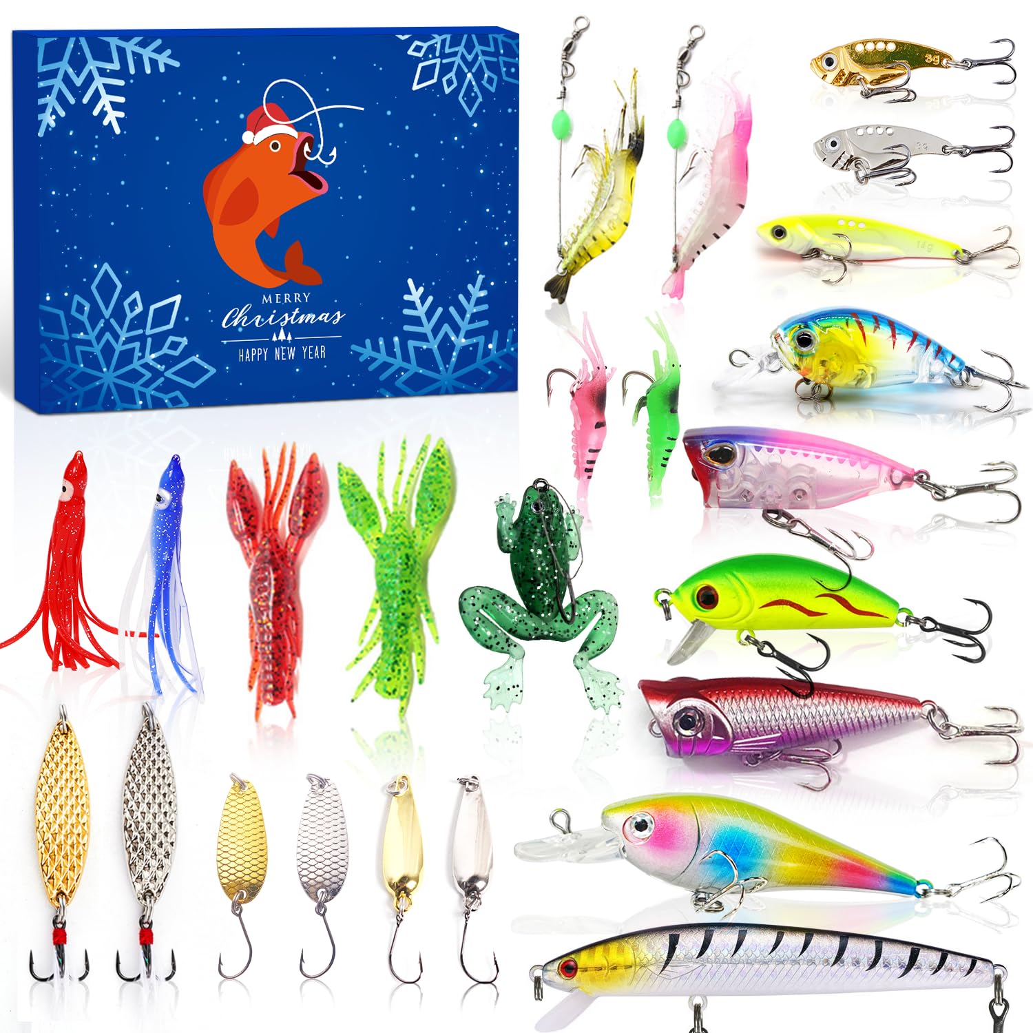 Fishing Advent Calendar 2024 Adult Men Teen Boys, 24 Day Fishing Lure Countdown Calendar with Spoons Minnow Popper Crankbait VIB