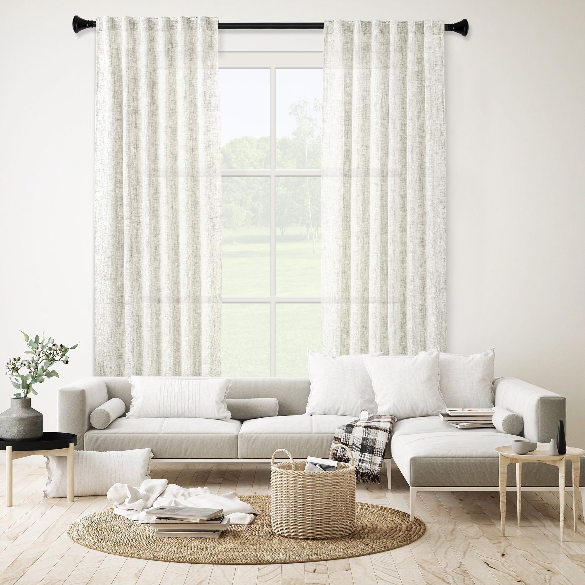 Meetbily 94 Inches Long Semi Sheer Linen Curtains For Living Room 2 Panels, Back Tab Rod Pocket Linen Blend Drapes Modern Airy P
