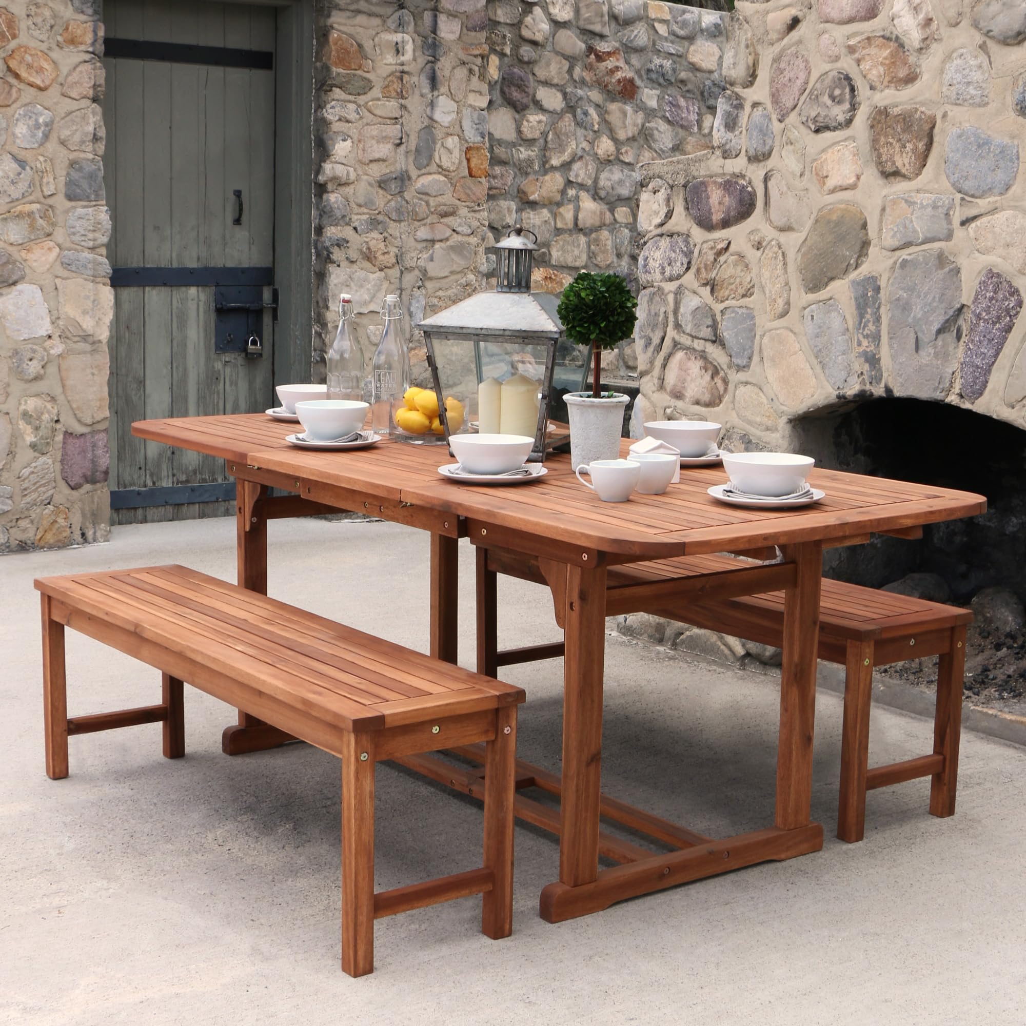 Walker Edison Maui Modern 3 Piece Solid Acacia Wood Slatted Patio Dining Table And Bench Set, Set Of 3, Brown