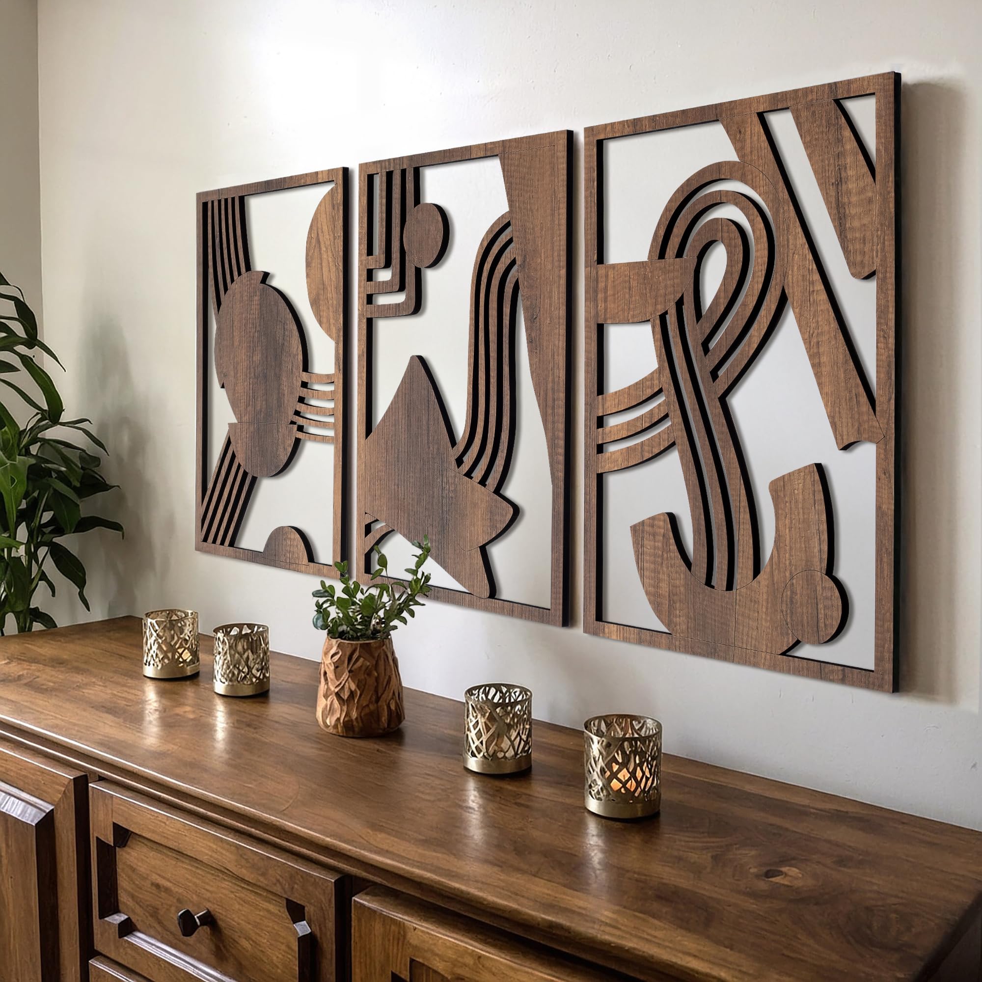 qmmp Modern Abstract Shapes Wooden Wall Sculptures - Set of 3 - Walnut - Home Decor Accent - Large Wall Art for Living Room, Bed
