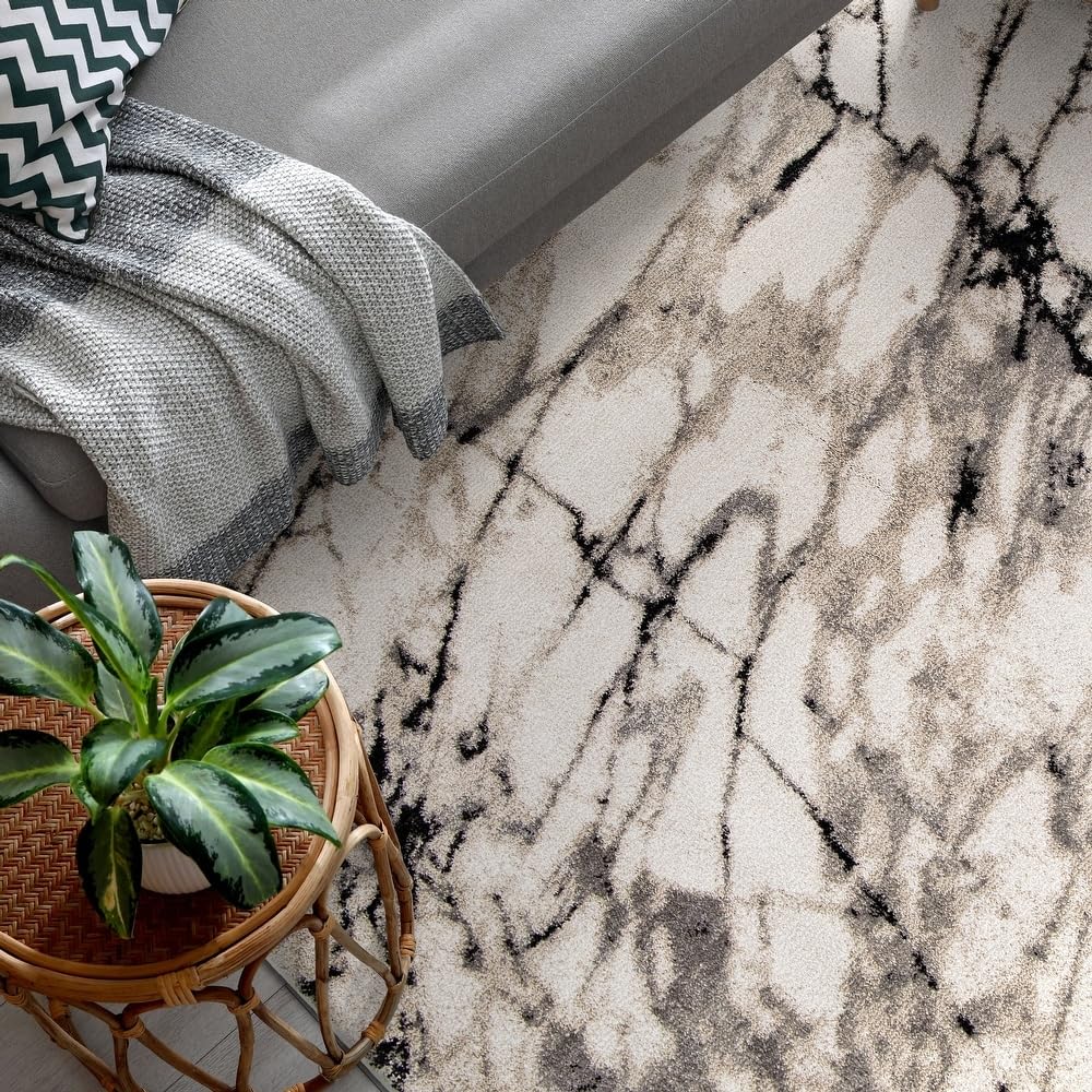 Orian Rugs Adagio Great Falls - 6'5&quot; X 9'6&quot; White Contemporary Style In Abstract Pattern For Indoor Home Office Décor, Naturally Stain Resistant And Virtually Non-Shedding, Plush Rectangle Area Rug