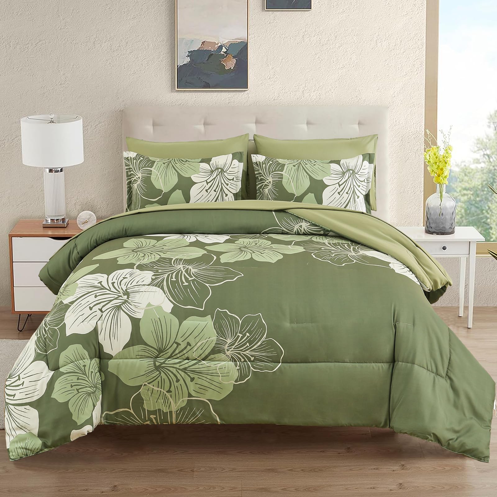 Luxudecor Floral Comforter Set Queen Size, 7 Pieces Bed In A Bag Olive Green Floral Comforter And Sheet Set, Soft Microfiber Gre