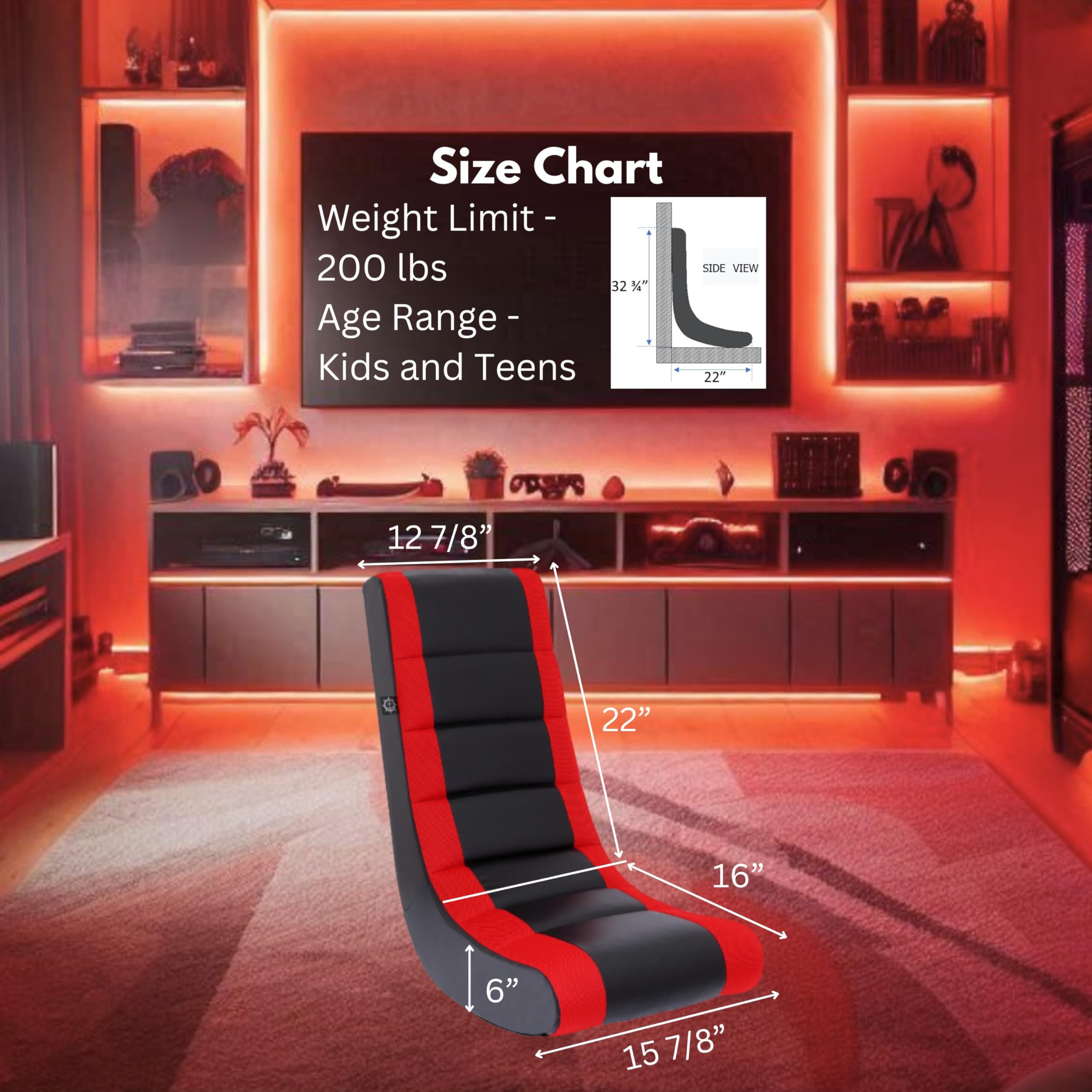 The Crew Furniture Classic Video Rocker Floor Gaming Chair, Kids And Teens, Racing Stripe Pu Faux Leather & Polyester Mesh, Black/Red