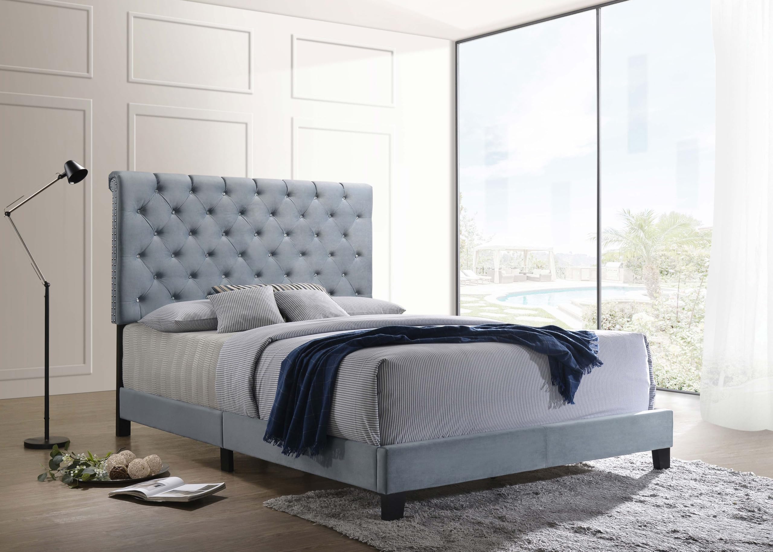 Coaster Home Furnishings Warner Modern Classic Velvet Upholstered Queen Size Panel Bed Frame 54-inch Headboard Slate Blue 310041Q