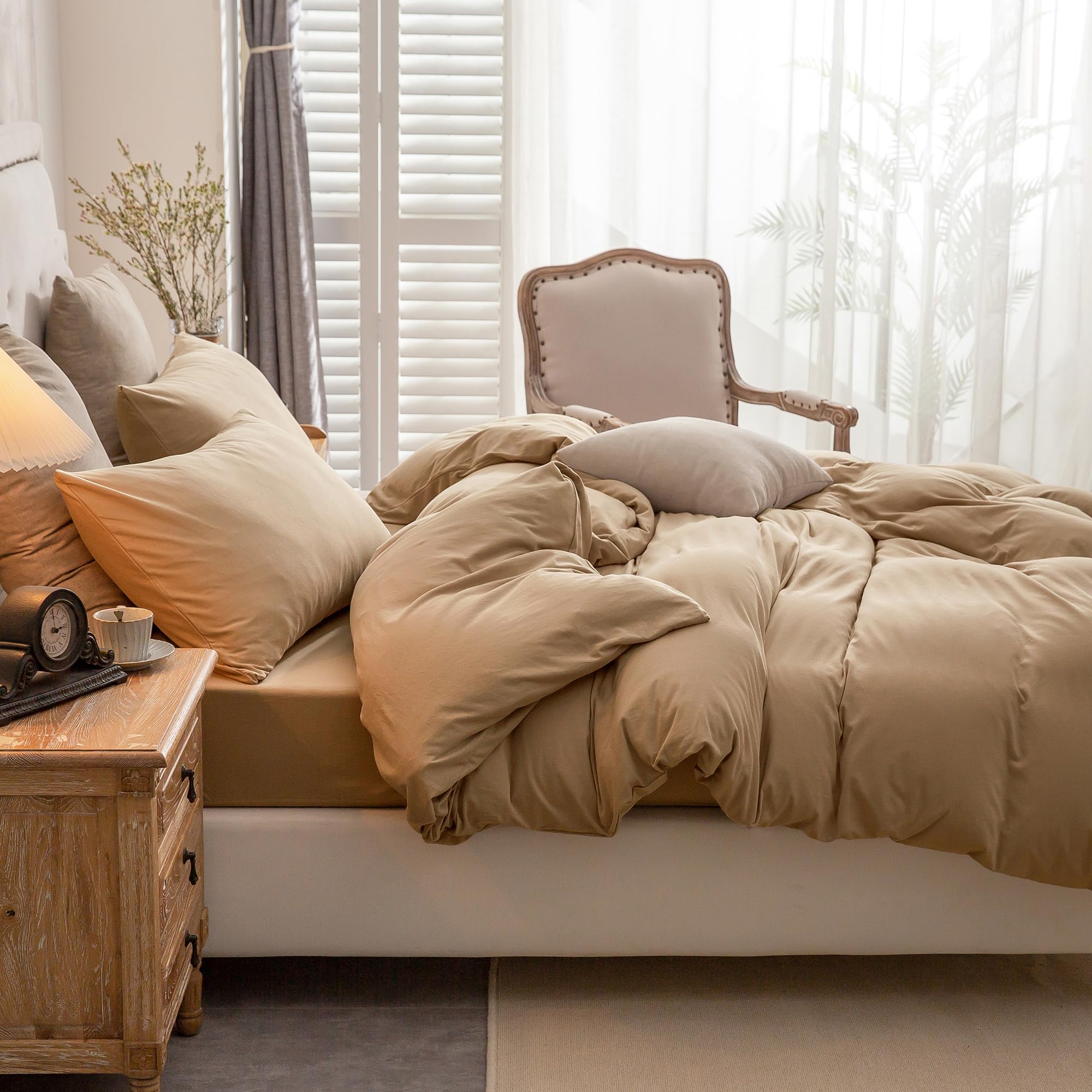 Pure Era Jersey Knit Duvet Cover Set 100% T-Shirt Cotton Super Soft Comfy 3Pc Bedding Set With Zipper Closure (Solid Toffee Brow