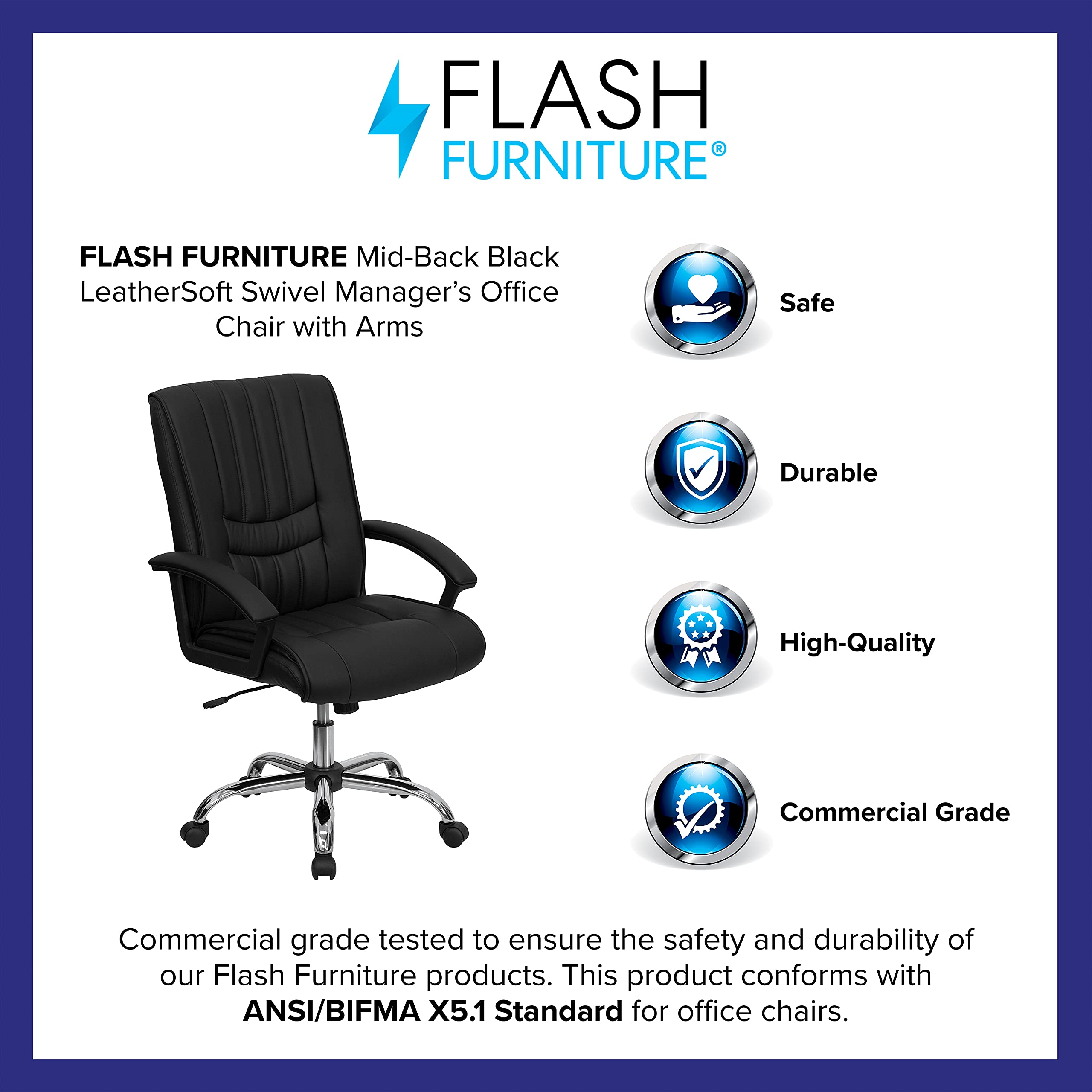 Flash Furniture Hansel Mid-Back Black LeatherSoft Swivel Manager's Office Chair with Arms