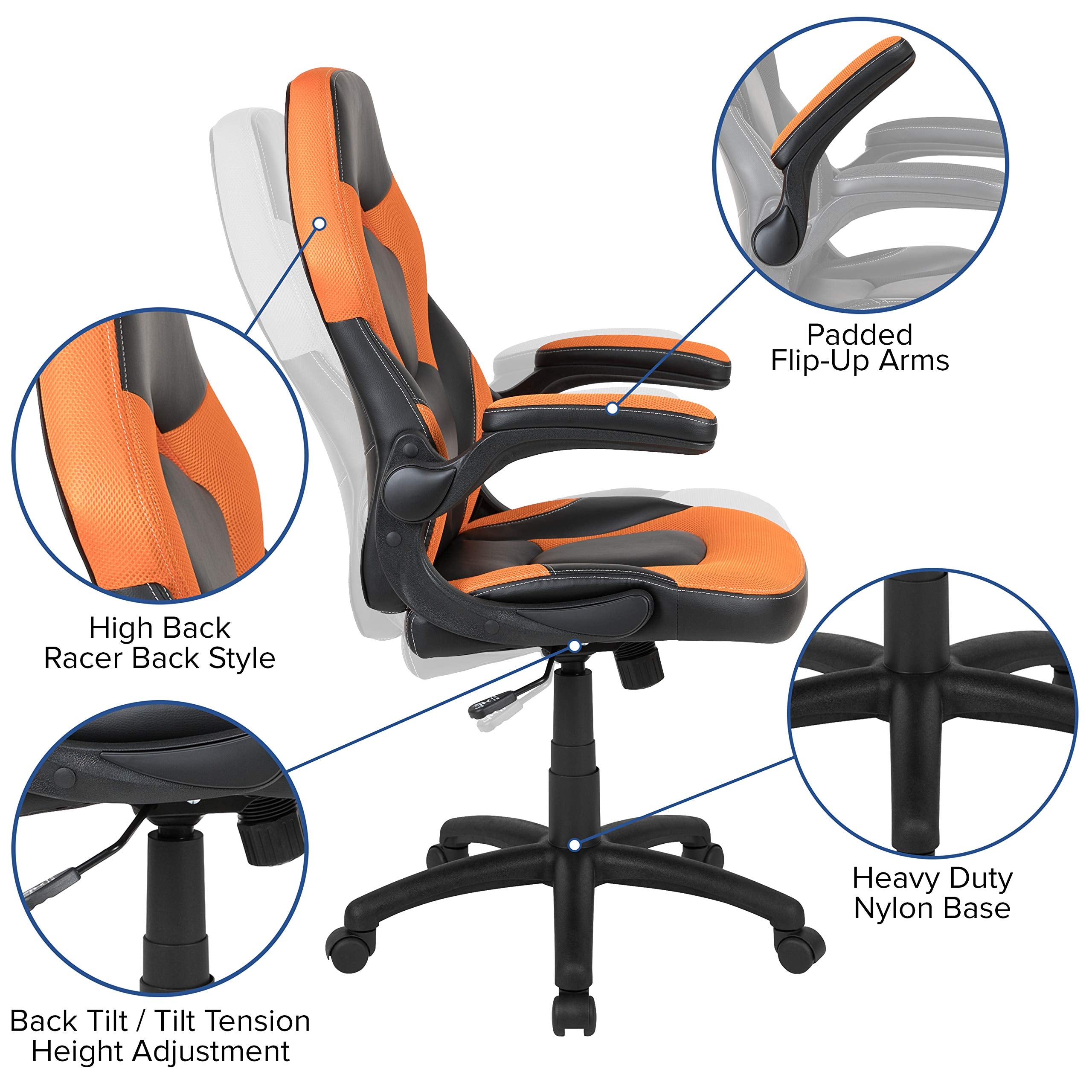 Flash Furniture X10 High-Back Leathersoft Racing Style Gaming Chair With Flip-Up Arms, Ergonomic Padded Swivel Computer Chair, Orange/Black