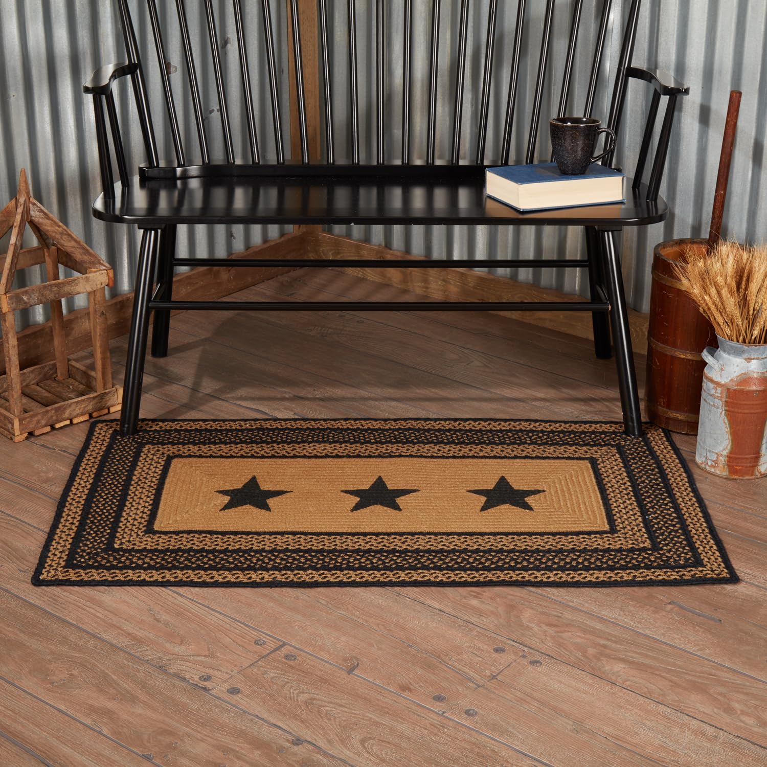 VHC Brands Farmhouse Primitive Jute Accent Rectangle Rug Stencil Stars w/ Floor Pad 27x48