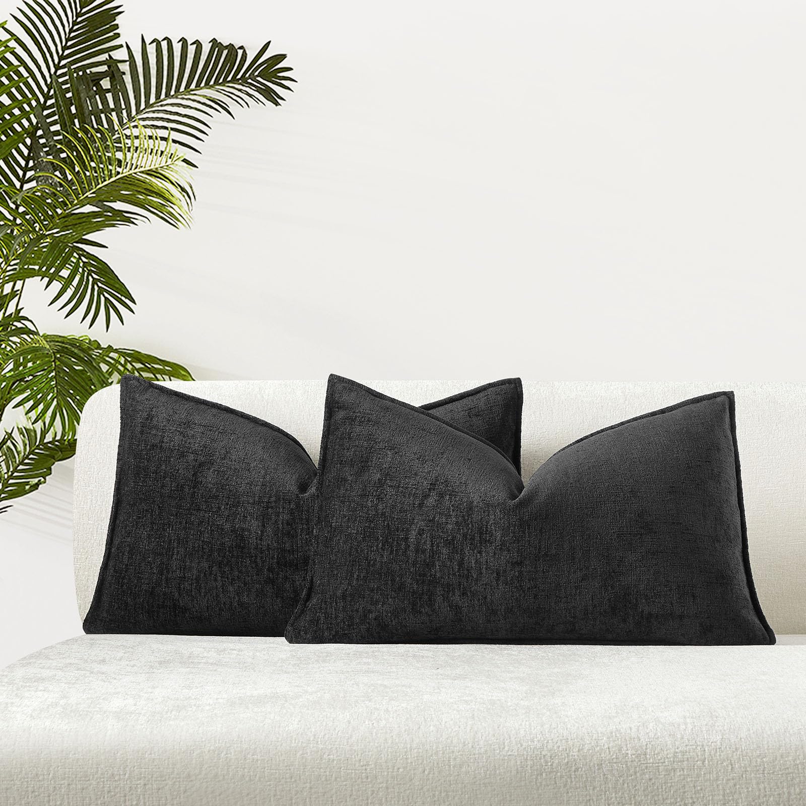Juspurbet Black Chenille Lumbar Throw Pillow Covers 12X20 Inch Set Of 2 Decorative Soft Textured Cushion Cases For Living Room S