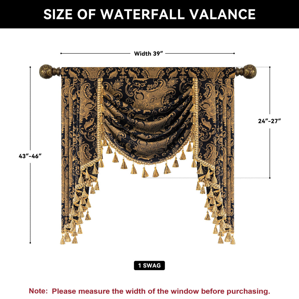 Loom And Mill Luxury Waterfall Valance For Living Room, Classic Damask Jacquard Swag Valances With Tassels, Balck Swag Curtains