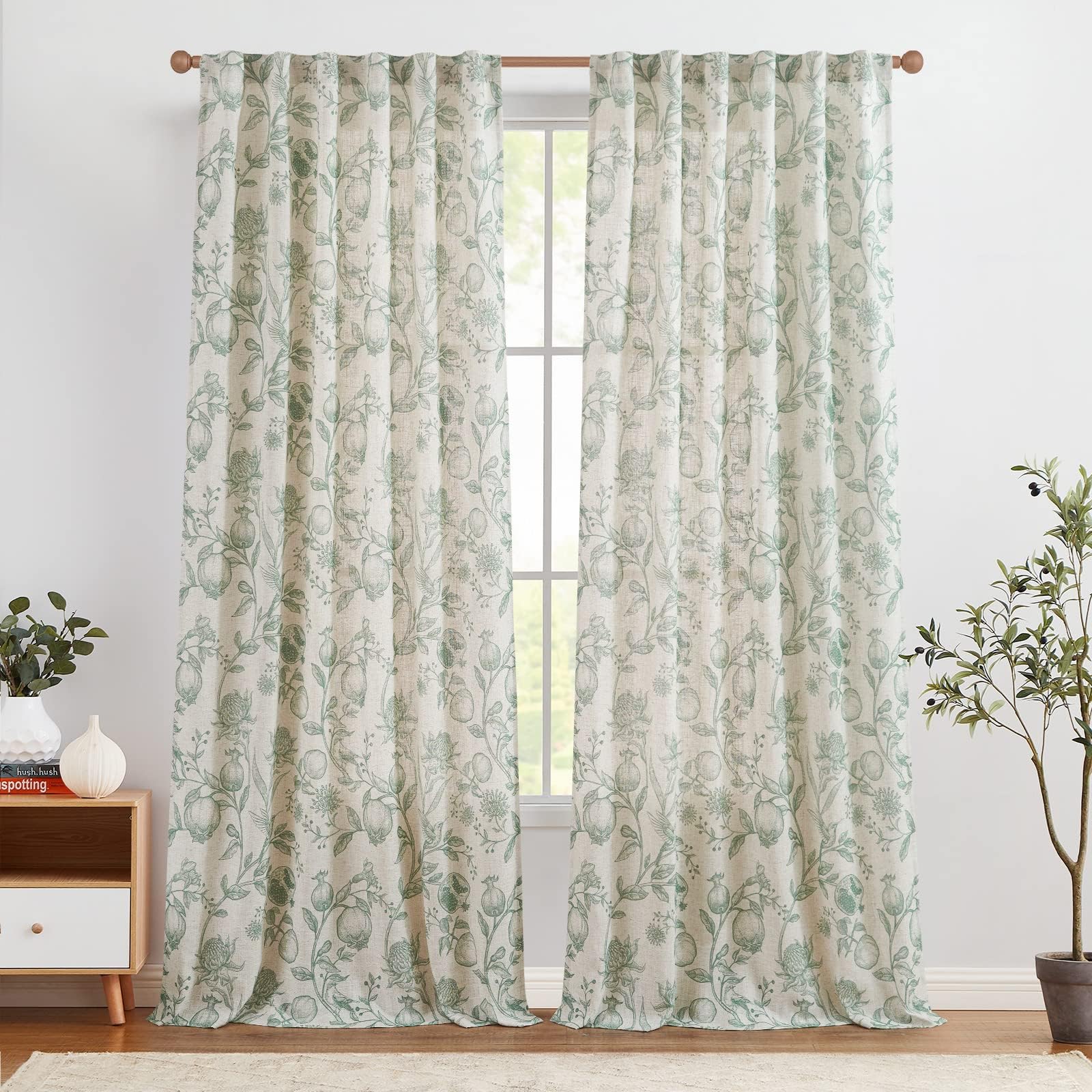 Jinchan Linen Curtains Floral Curtains For Living Room 84 Inch Long Green French Curtains Rod Pocket Light Filtering Toile Print