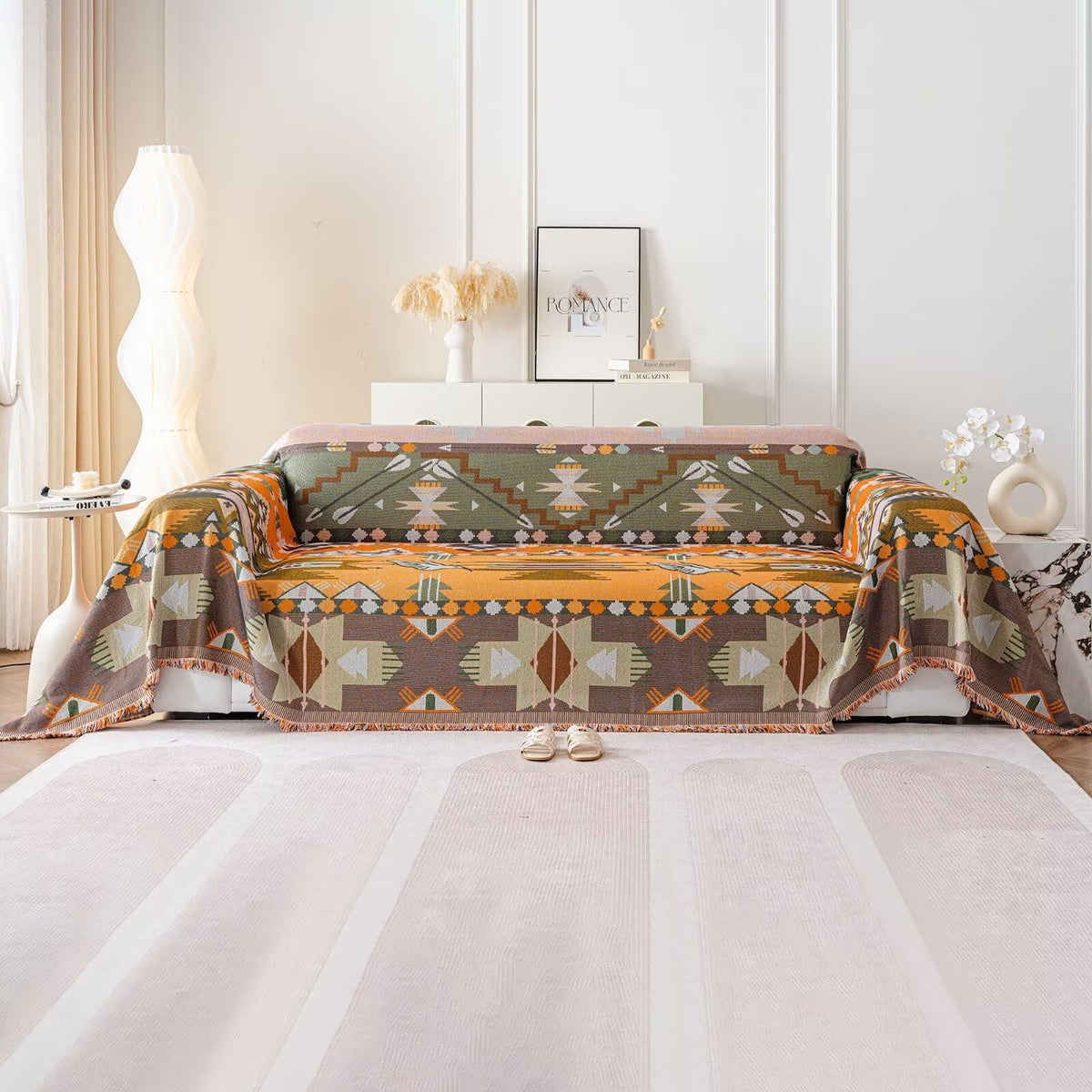 VClife Cotton Linen Sofa Cover Bohemian Caramel Brown Green Geometry Birds Jacquard Couch Cover for 3 Cushion Couch Sofa Pet Fri