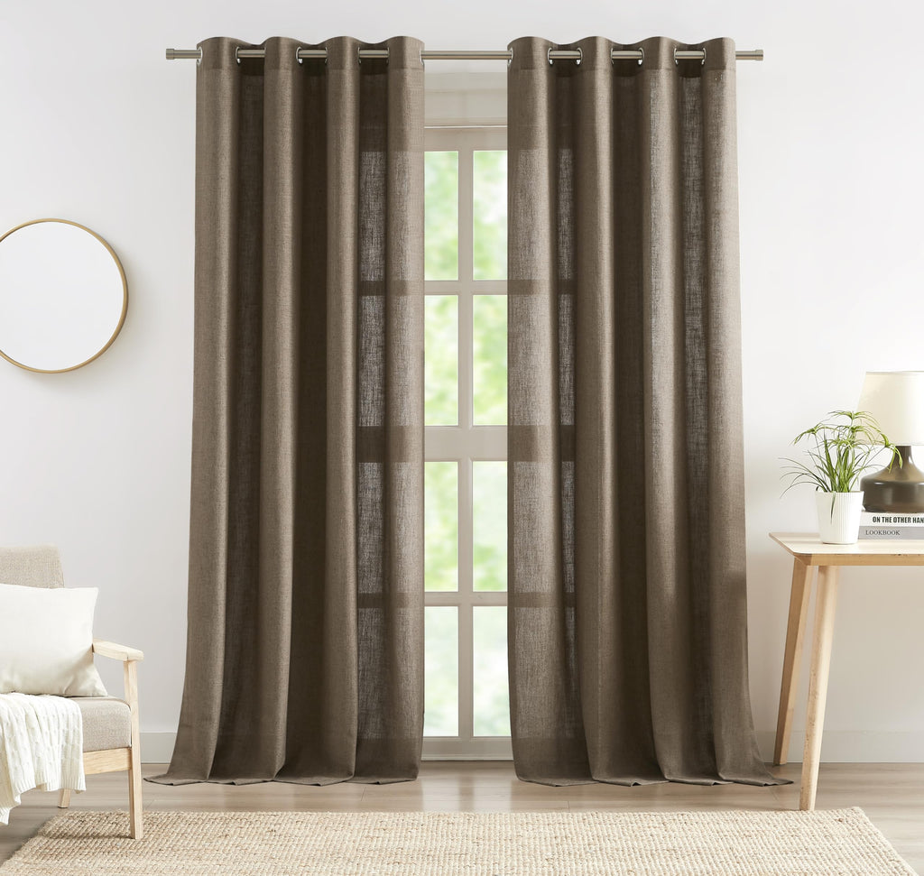Central Park Linen Grommet Semi Sheer Curtain Panel 102 Inches Long For Living Room, Flax Linen Blended Farmhouse Rustic Light F