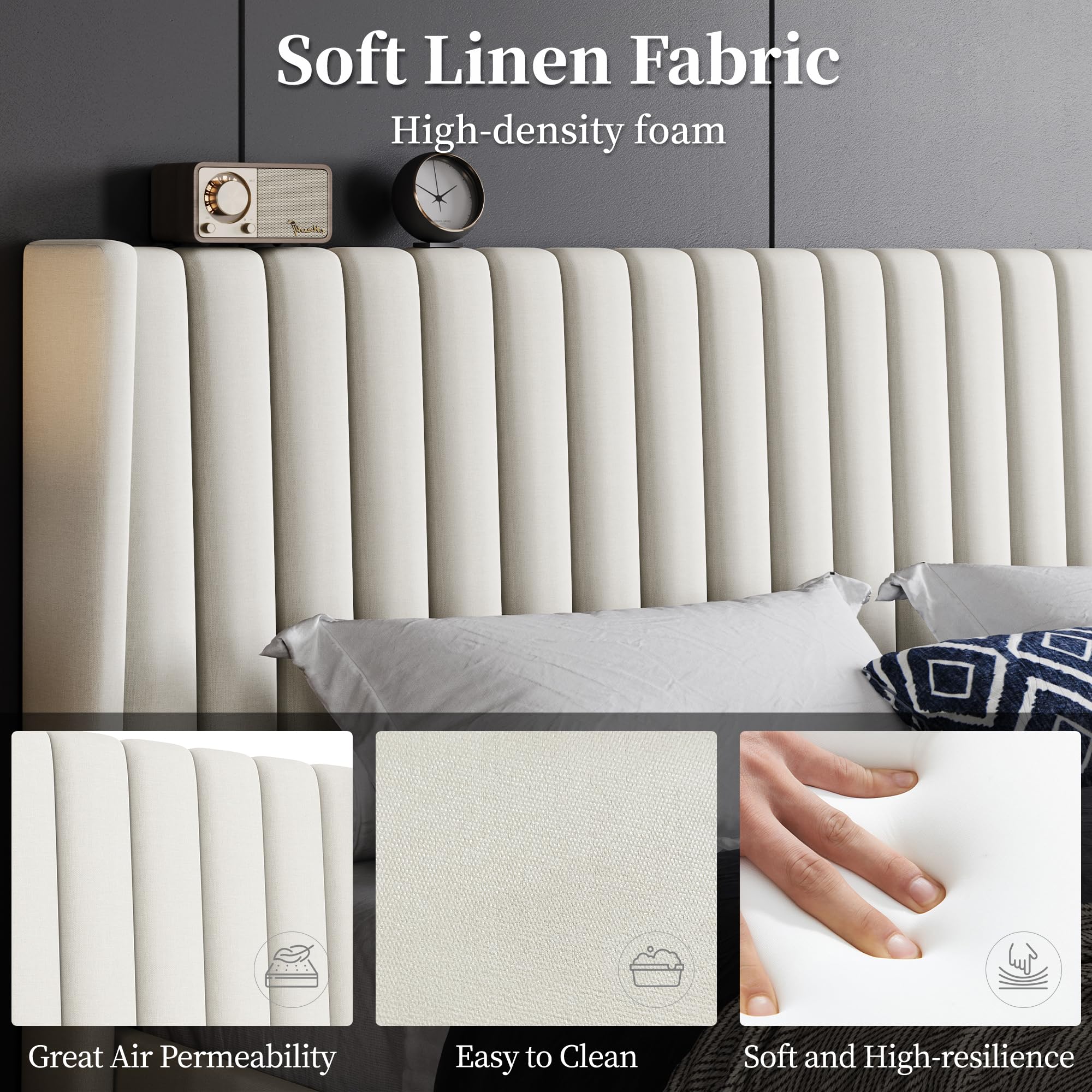 Yaheetech King Bed Frame Upholstered Platform Bed With Fabric Headboard, Wing Edge Design/Non-Slip And Noise-Free/Wooden Slats Support/No Box Spring Needed/Easy Assembly, Beige King Bed