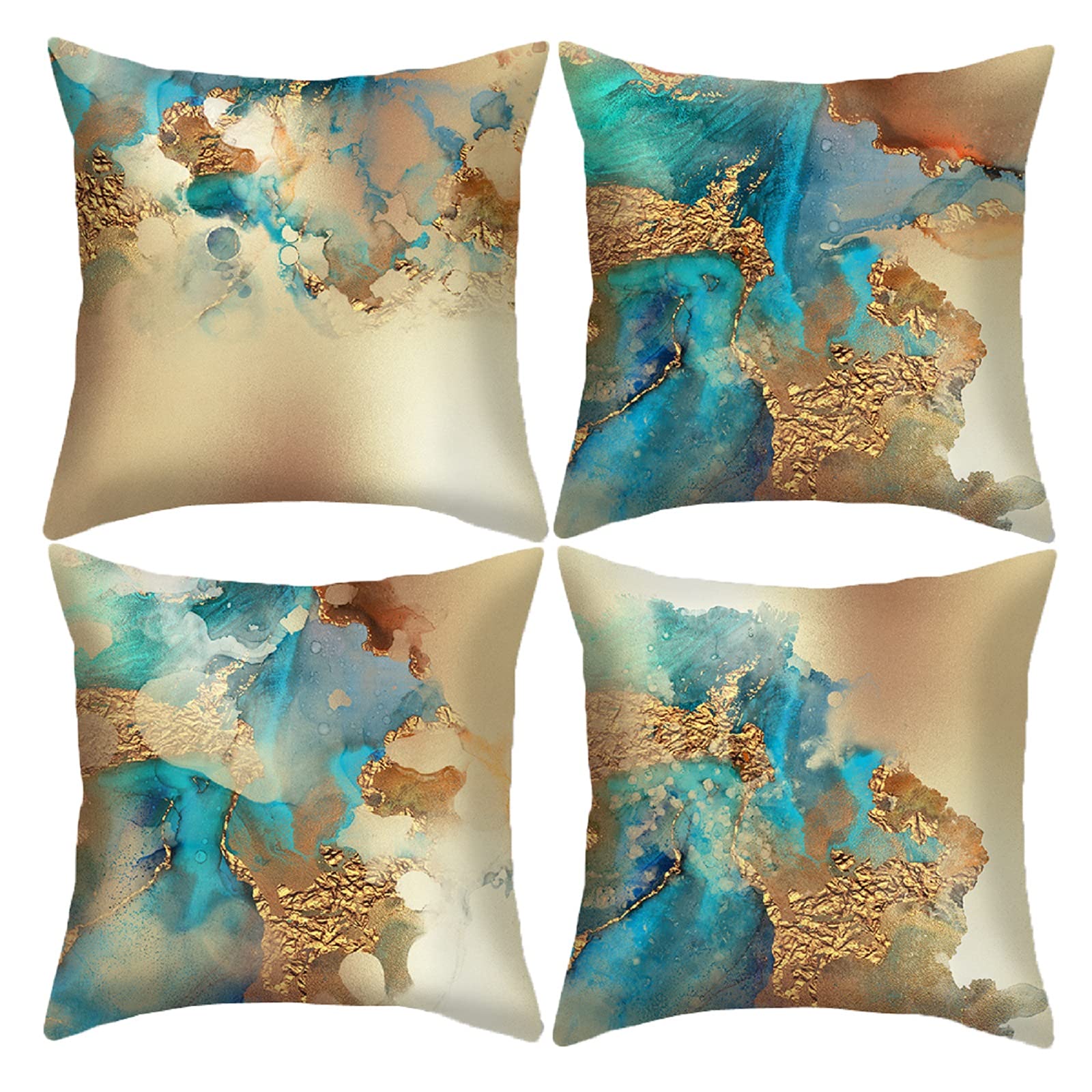 Hostecco Gold Abstract Pillow Covers Set Of 4 Nordic Blue Pillow Cases Teal And Gold Modern Decorative Cushion Covers For Sofa C