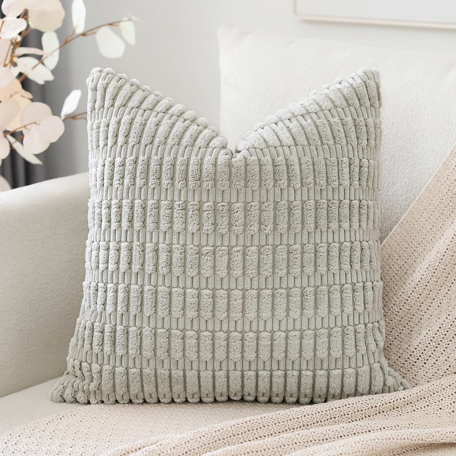 Otostar Corduroy Decorative Throw Pillow Covers 16X16 Inch Super Soft Boho Striped Square Pillow Covers Case Modern Cushion Covers For Sofa Couch Bedroom Car Decor Light Grey