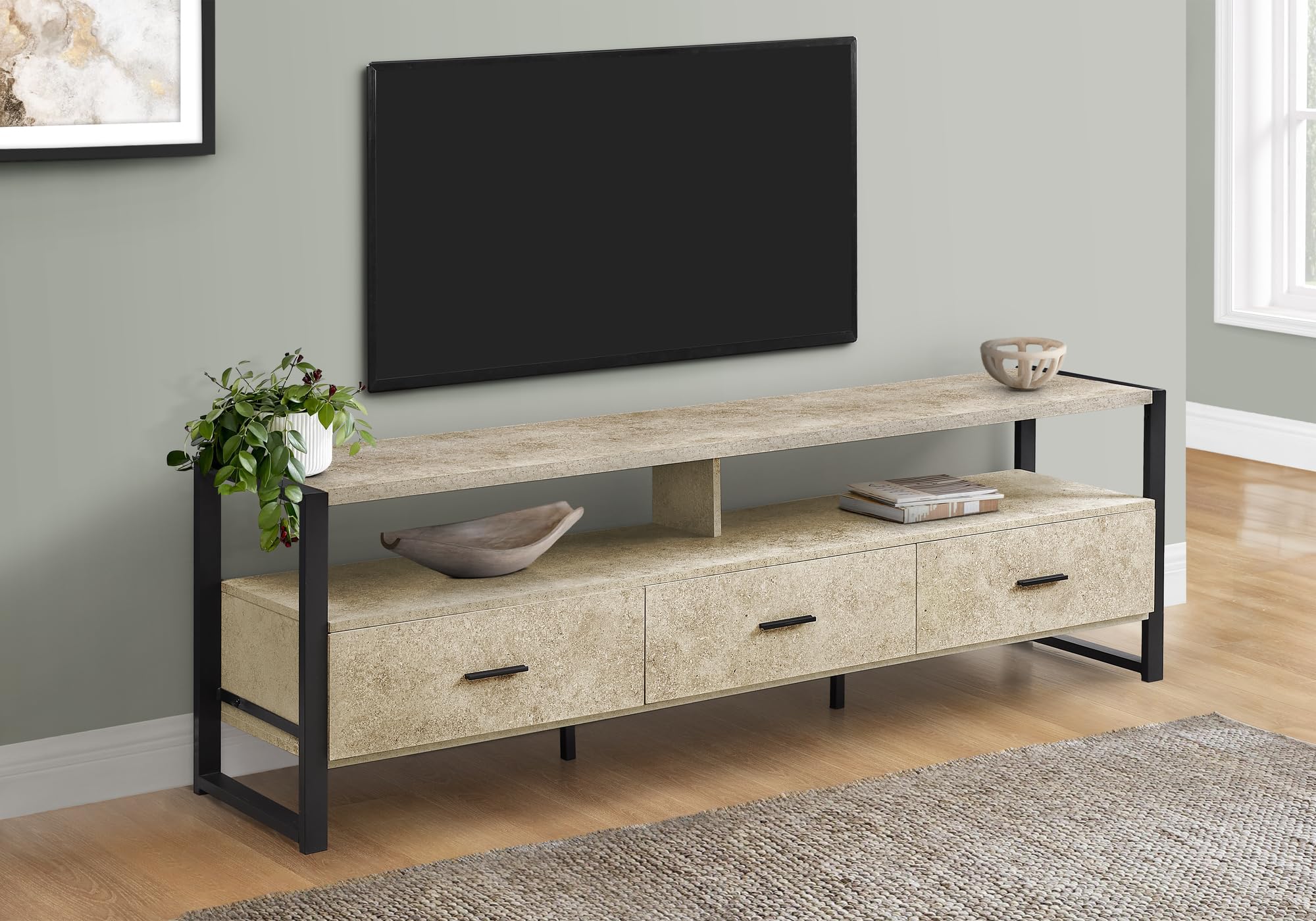 Monarch Specialties I 2846 Tv Stand, 72 Inch, Media Entertainment Center, Cream, Black Metal, Contemporary, Modern