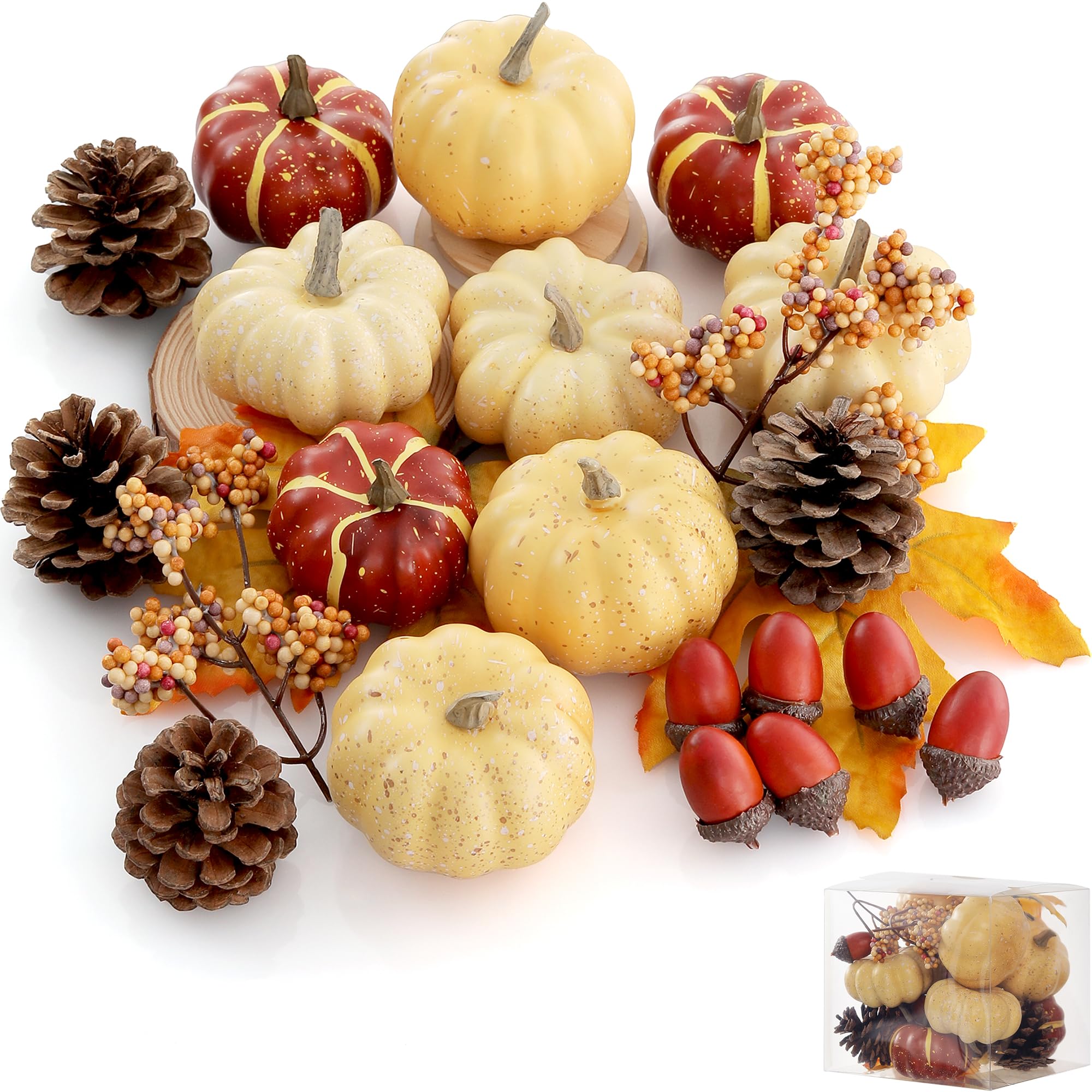 Artgar Pumpkin Decor Set, 23 PCS Fall Harvest Decorations Including Mini Pumpkins, Acorns, Pinecones, Berries, Maple Leaves for 