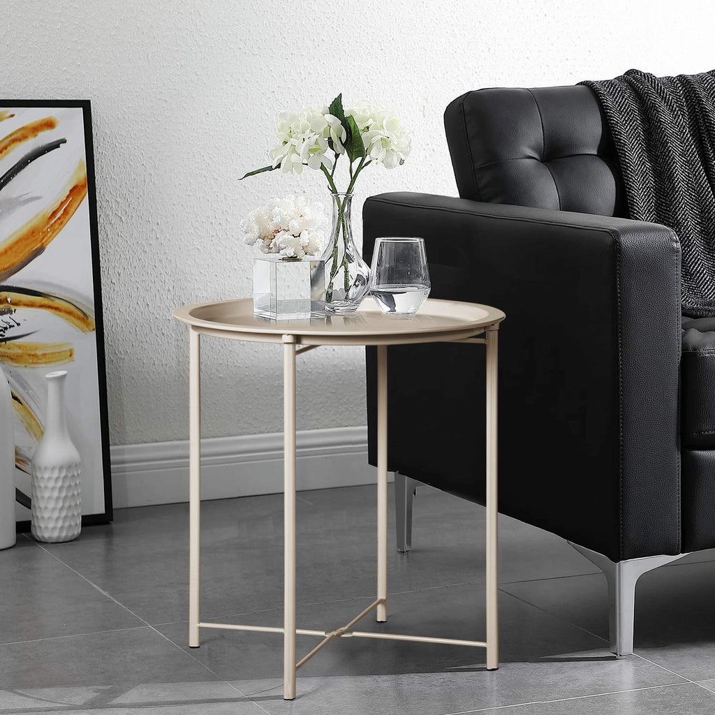 Vecelo Side/End Table, Folding Round Metal Anti-Rust And Waterproof Outdoor Or Indoor Tray For Living Room Bedroom Balcony And Office, 2 Pcs, Grey