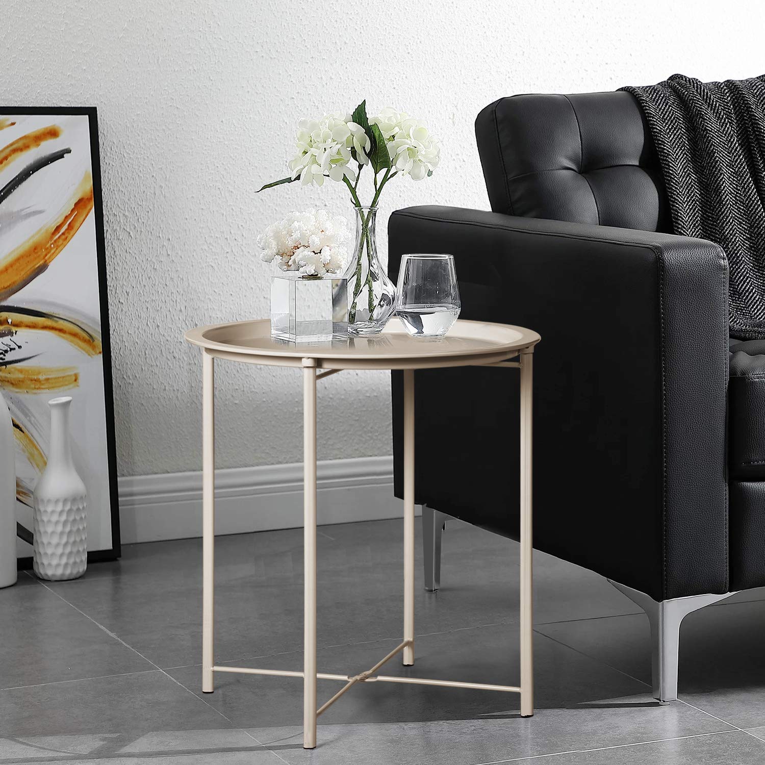 Vecelo Side/End Table, Folding Round Metal Anti-Rust And Waterproof Outdoor Or Indoor Tray For Living Room Bedroom Balcony And Office, 2 Pcs, Grey