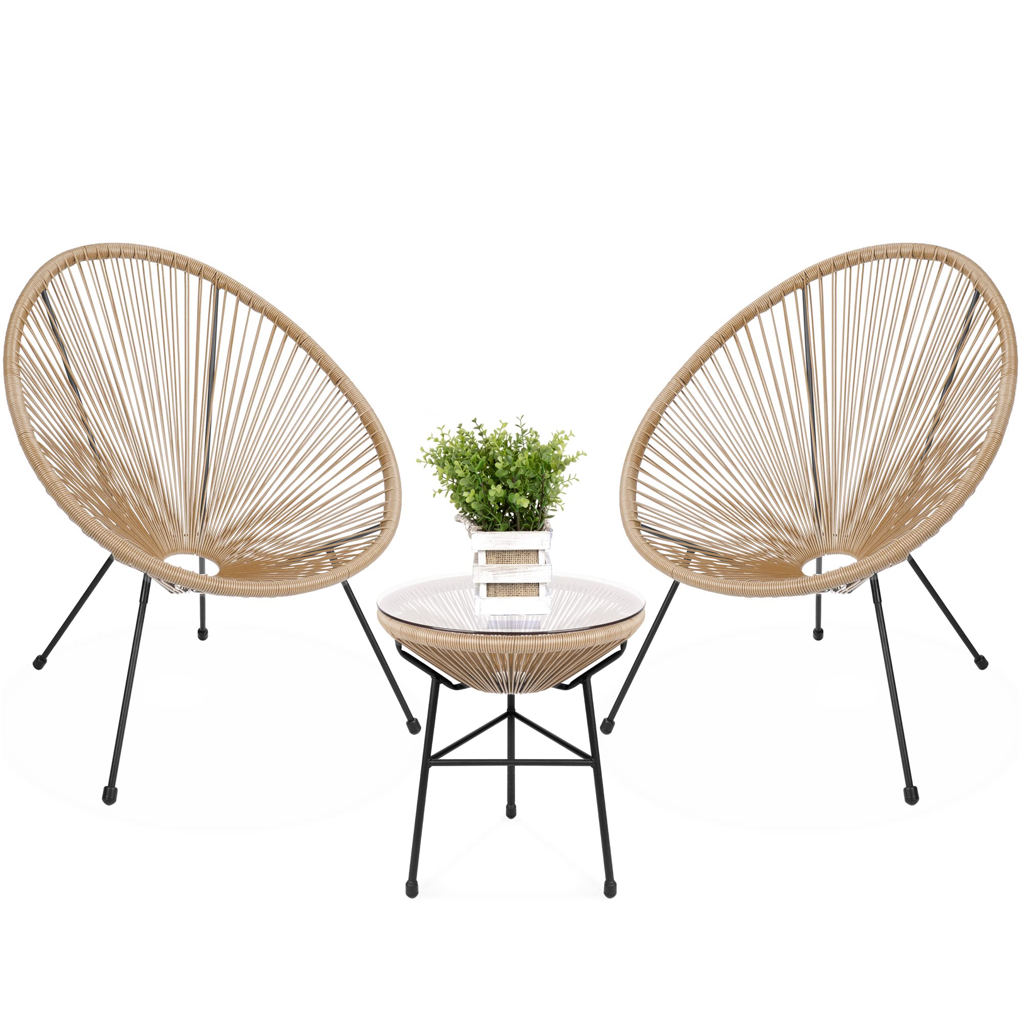 Best Choice Products 3-Piece Outdoor Acapulco All-Weather Patio Conversation Bistro Set w/Plastic Rope, Glass Top Table and 2 Ch