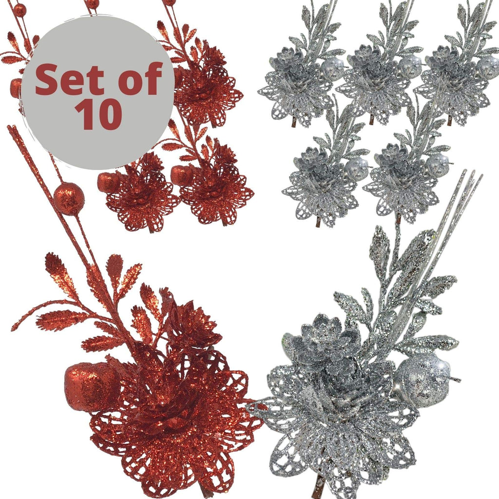 Christmas Poinsettia Flower Stems With Clips - Set/10 Red And Silver Glitter Xmas Floral Sprig Decorations - Artificial Glittere