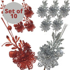 Christmas Poinsettia Flower Stems With Clips - Set/10 Red And Silver Glitter Xmas Floral Sprig Decorations - Artificial Glittere