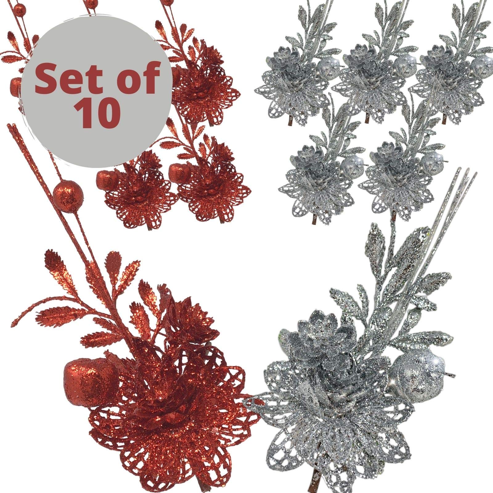 Christmas Poinsettia Flower Stems With Clips - Set/10 Red And Silver Glitter Xmas Floral Sprig Decorations - Artificial Glittere