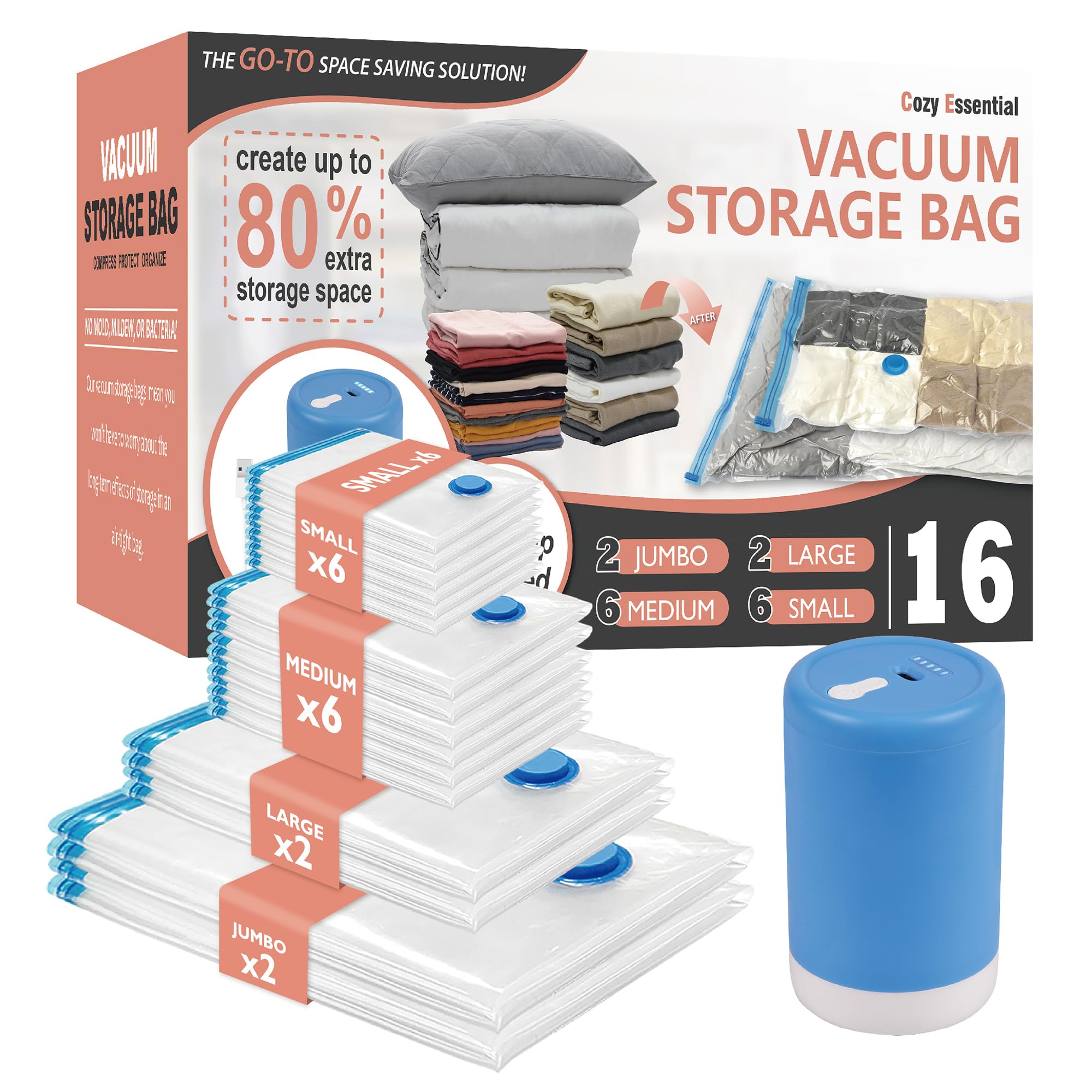 Vacuum Storage Bags with Electric Pump, 16 Pack (2 Jumbo/2 Large/6 Medium/6 Small) Vacuum Seal Space Saver Bags for Clothing, Pi