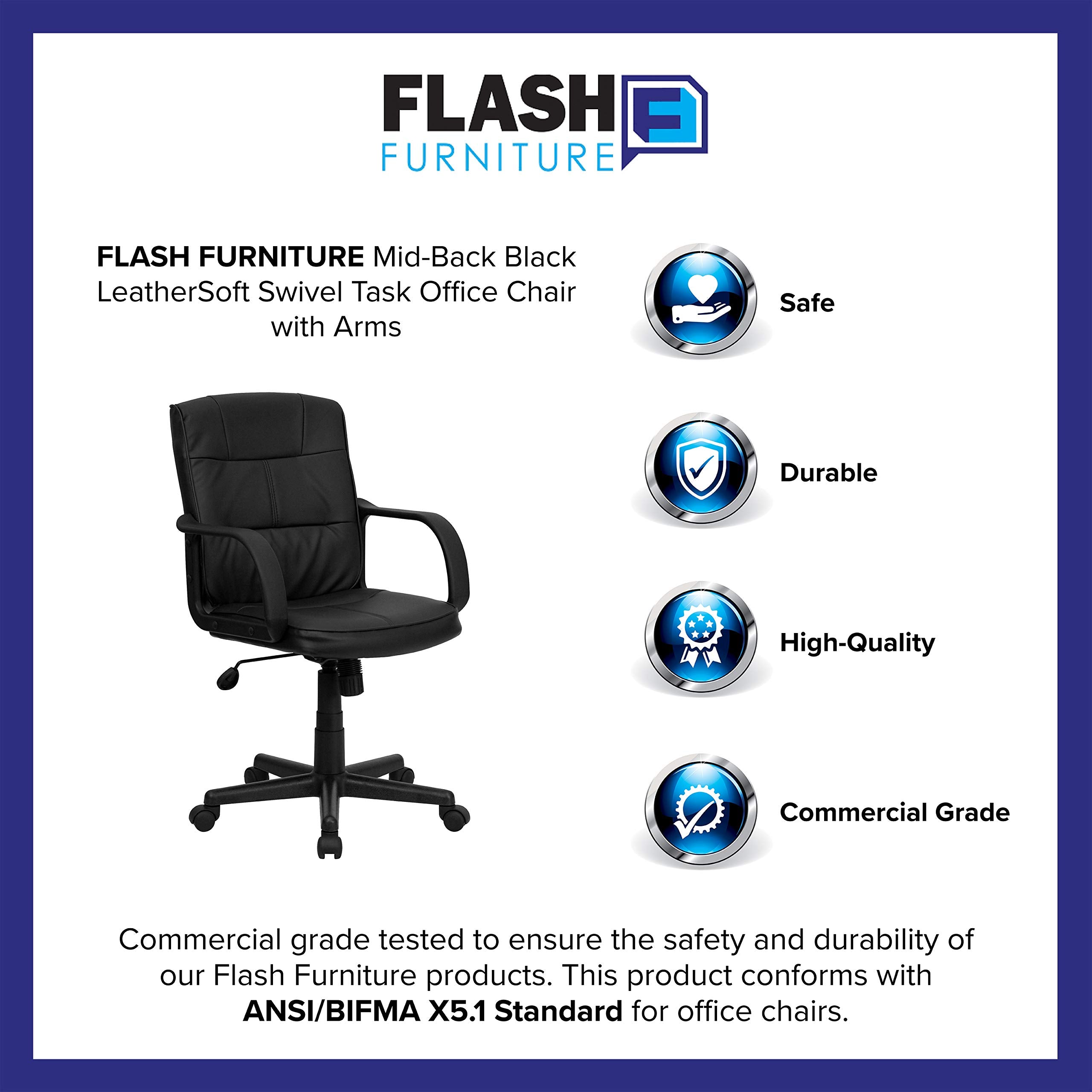 Flash Furniture Rider Mid-Back Black LeatherSoft Swivel Task Office Chair with Arms