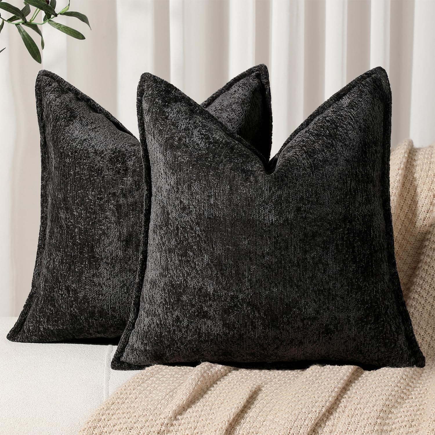 Dezene Pack Of 2 Black Decorative Throw Pillow Covers 20X20 Cozy Soft Chenille Accent Vintage Square Couch Pillow Covers For Hom