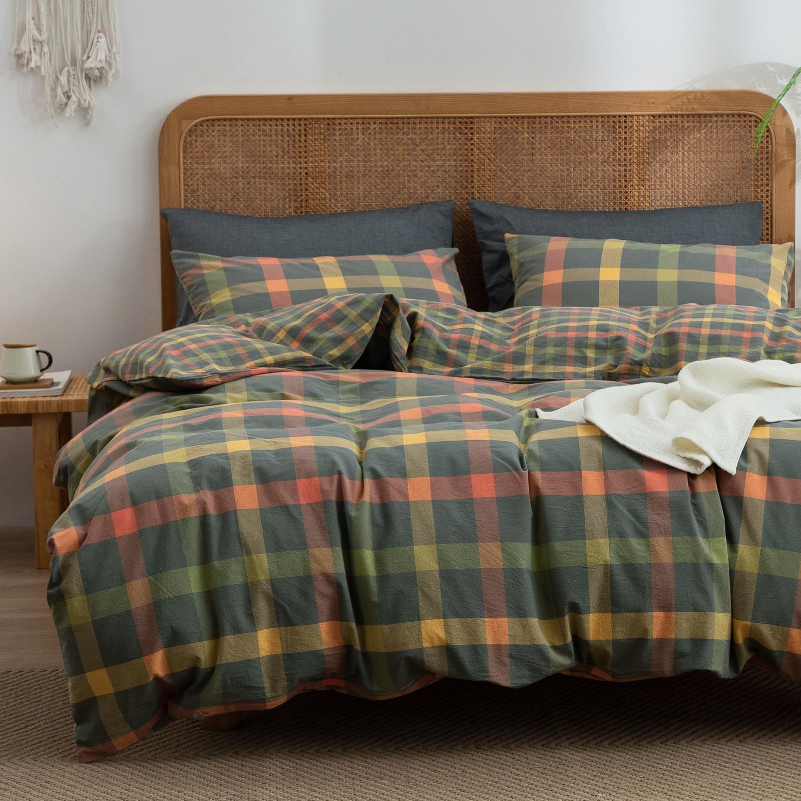 VM VOUGEMARKET Washed Cotton Bedding Set King Colorful Plaid Duvet Cover Set 3 Pieces Orange Grey Green Grid Duvet Cover with Zi