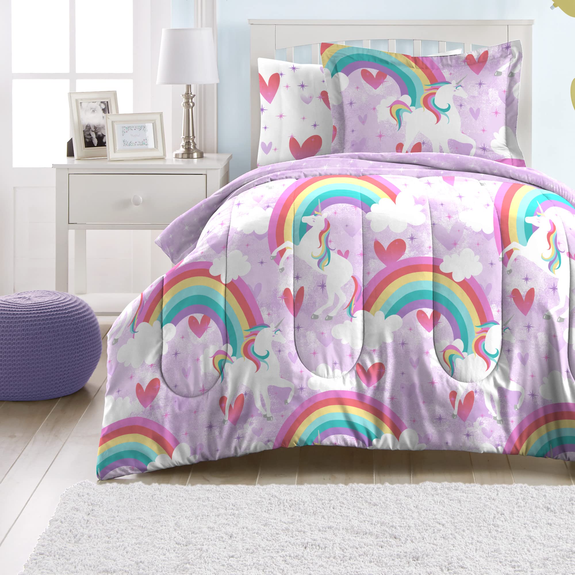 Dream Factory Kids 7-Piece Complete Set Easy-Wash Super Soft Microfiber Comforter Bedding, Full, Purple Unicorn Rainbow