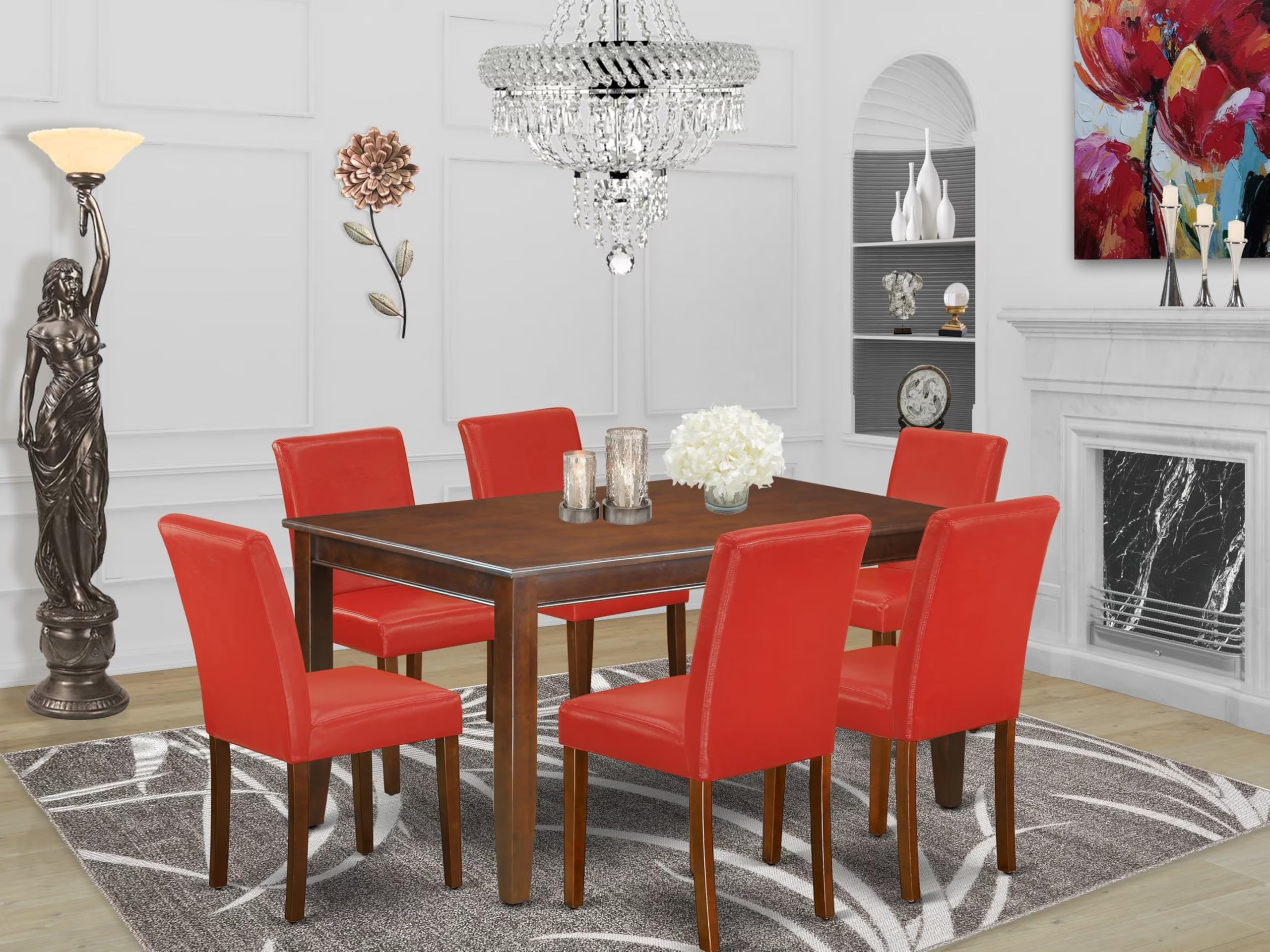 East West Furniture Duab7-Mah-72 7 Piece Dining Set Consist Of A Rectangle Dining Room Table And 6 Firebrick Red Faux Leather Upholstered Parson Chairs, 36X60 Inch, Mahogany