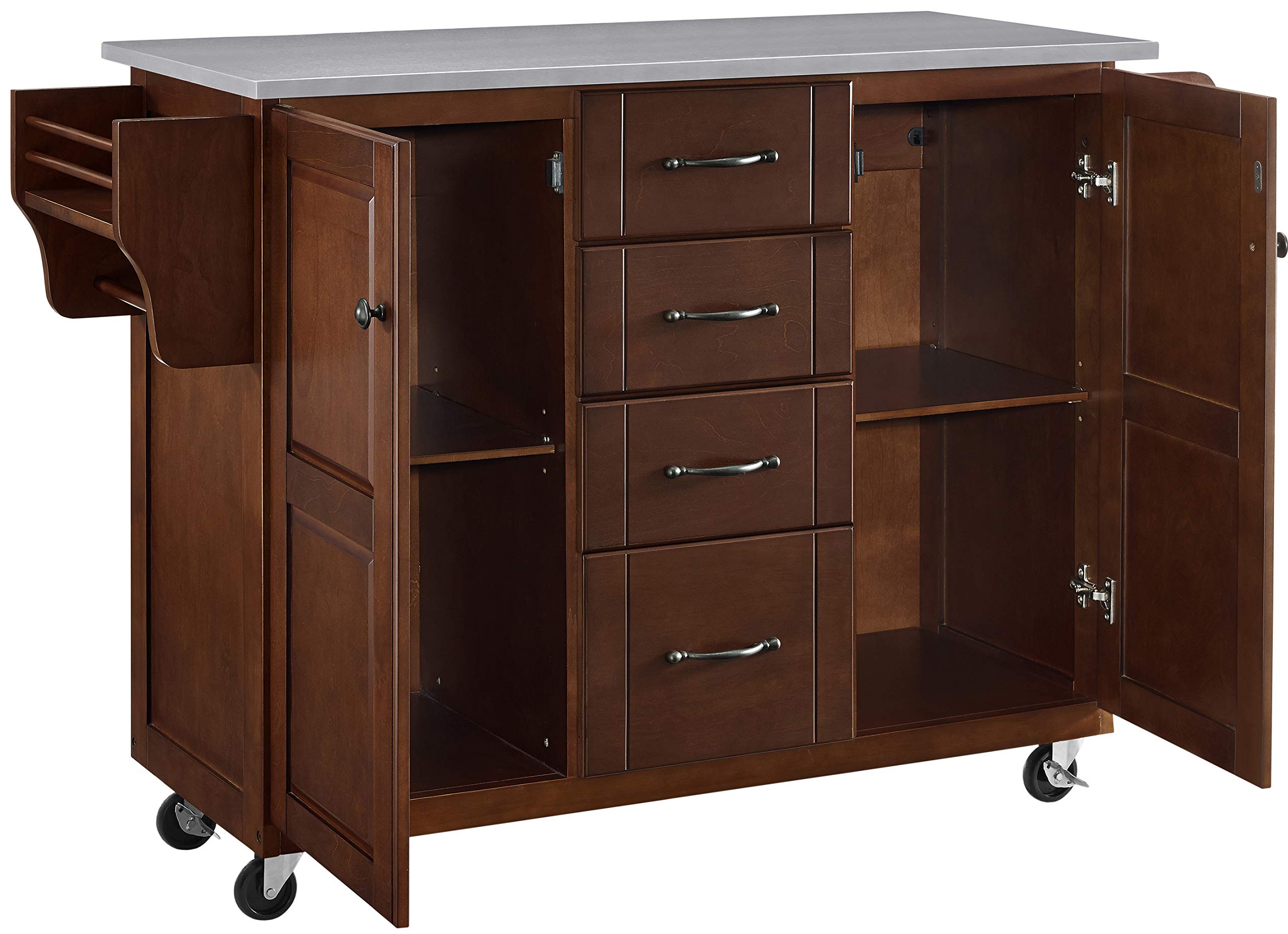 Crosley Furniture Eleanor Stainless Steel Top Rolling Cart Kitchen Island, Spice Rack, Drawers and Shelves, Mahogany