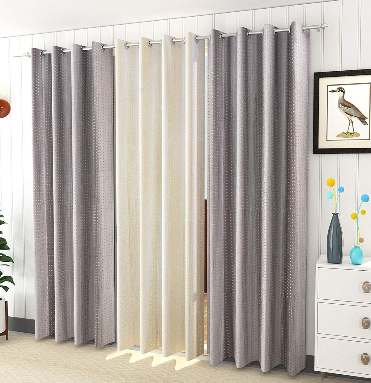 Soulful Creations Solid Blackout 3 pcs combination polyster curtain, Grommet, Grey