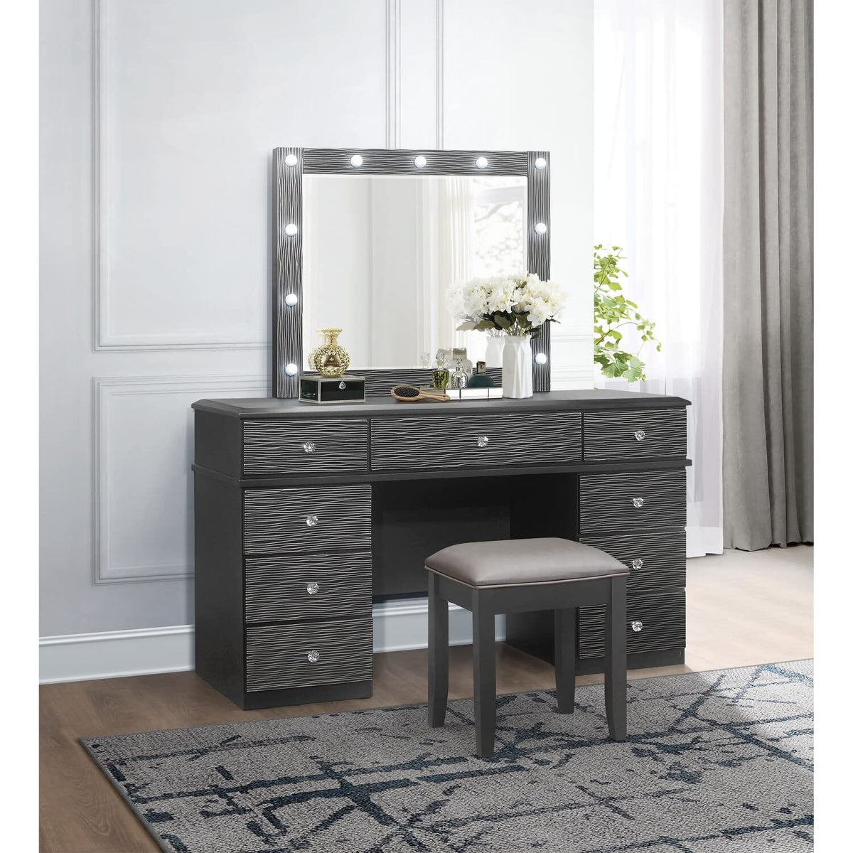 Global Furniture USA Black Vanity Set with Stool and Mirror