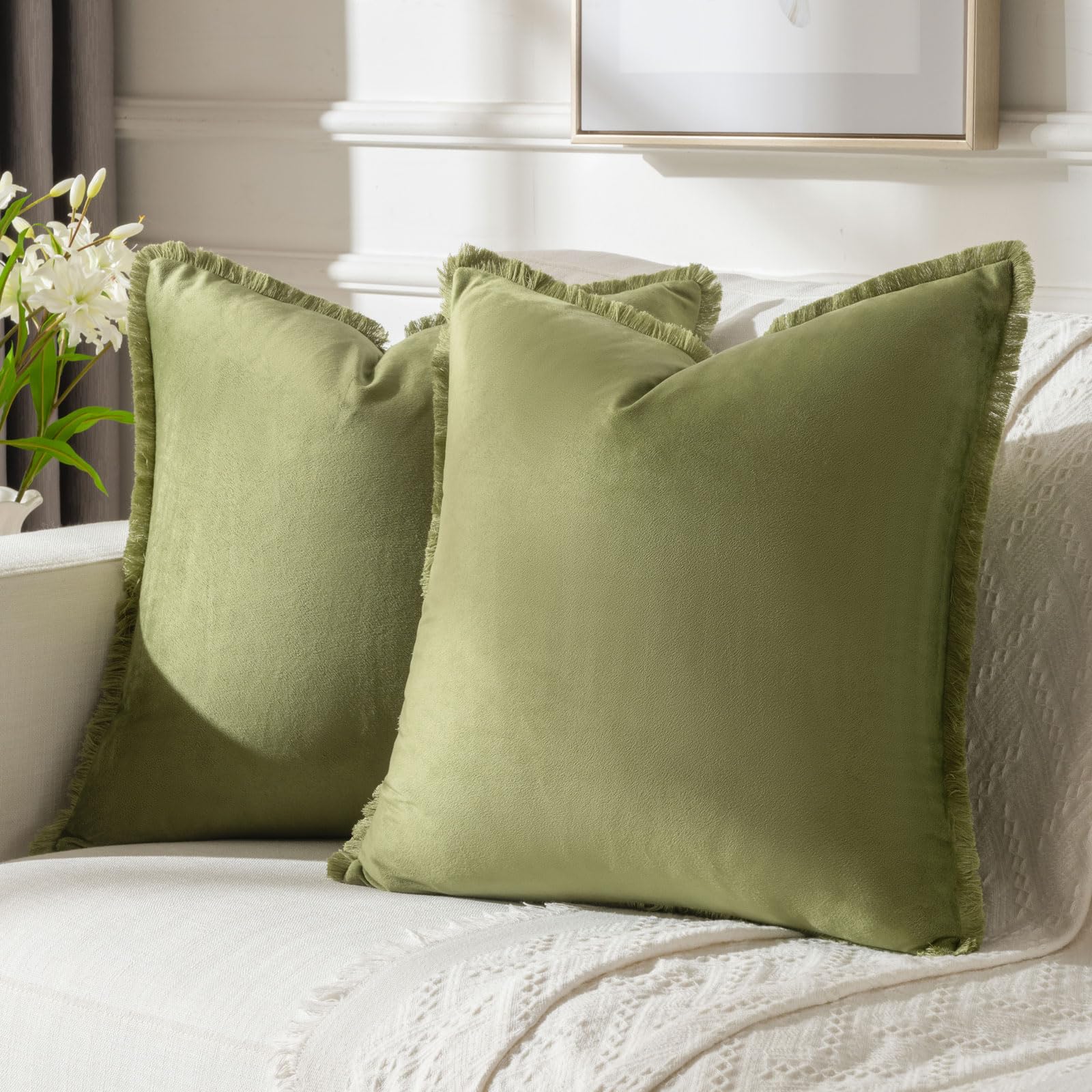 Futei Sage Green Boho Throw Pillow Covers With Tassels 16X16 Inch Set Of 2,Soft Velvet Decorative Cushion Case,Home Decor For Co