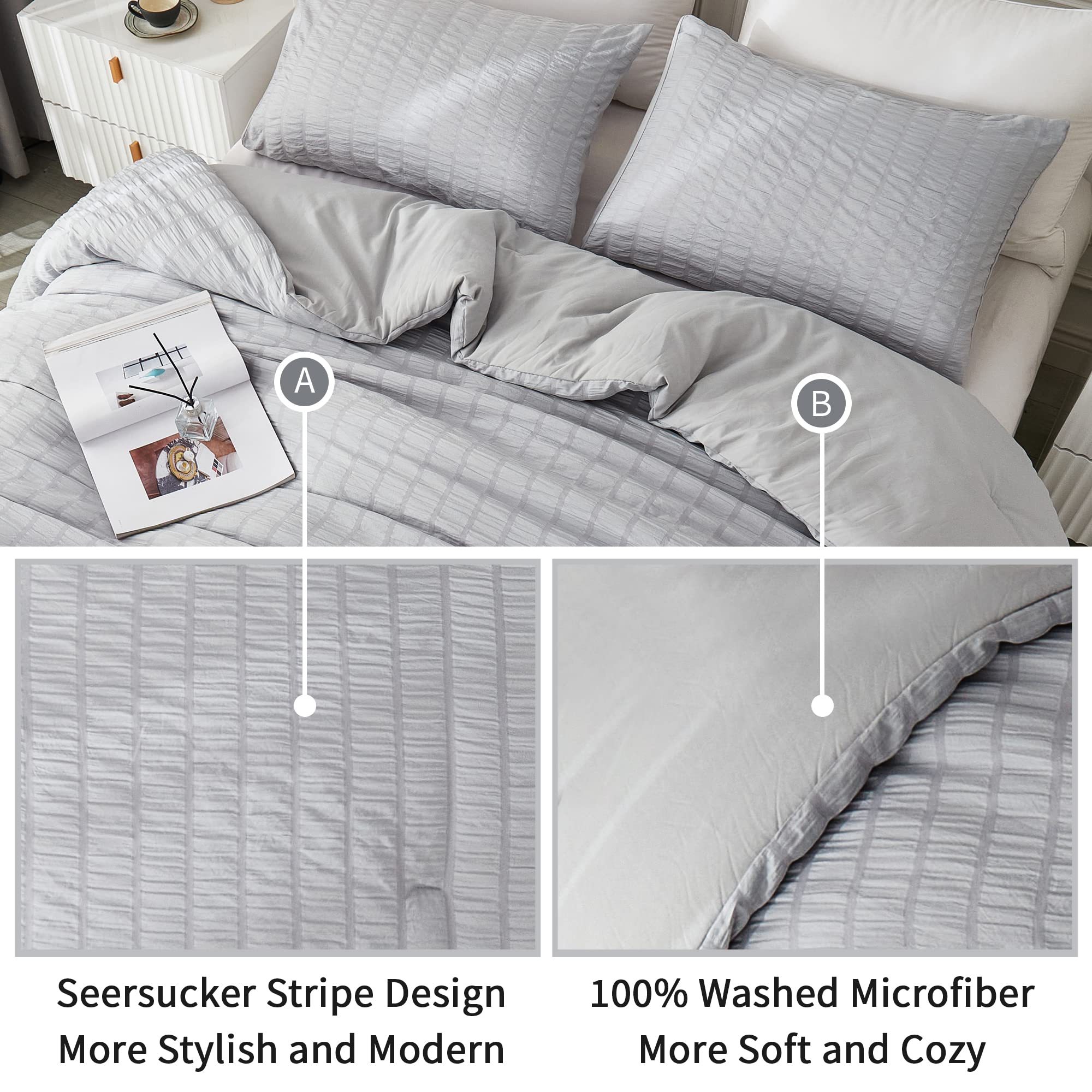 Avelom Light Gray Seersucker California King Comforter Set (104X96 Inches), 3 Pieces-100% Soft Washed Microfiber Lightweight Comforter With 2 Pillowcases, All Season Down Alternative Bedding Set