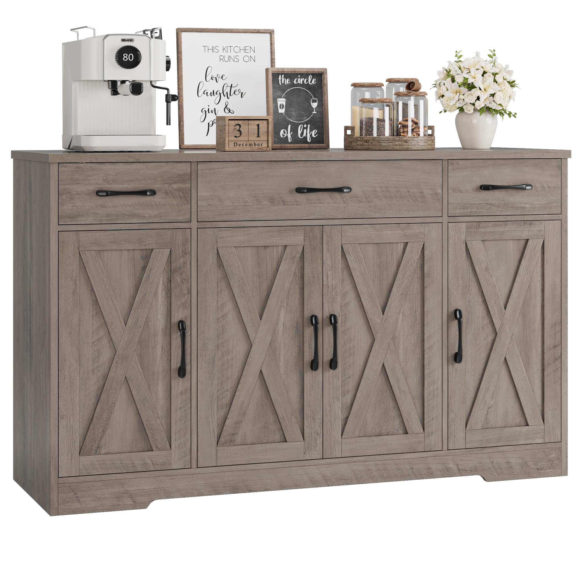Hostack Buffet Sideboard Cabinet With Drawers, 55' Large Buffet Storage Cabinet With Shelves And Doors, Modern Farmhouse Coffee Bar Cabinet Wood Buffet Table For Kitchen, Dining Room, Ash Grey