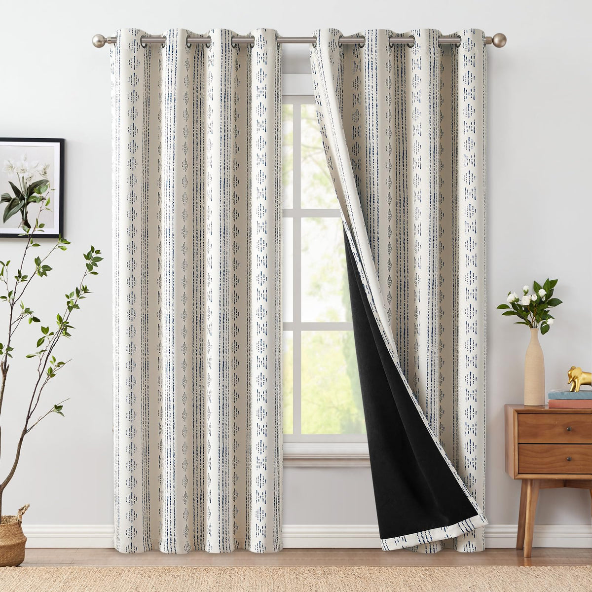 Jinchan 100% Blackout Boho Curtains 108 Inches Long For Bedroom Blue On Beige Geometric Printed Grommet Top Room Darkening Therm