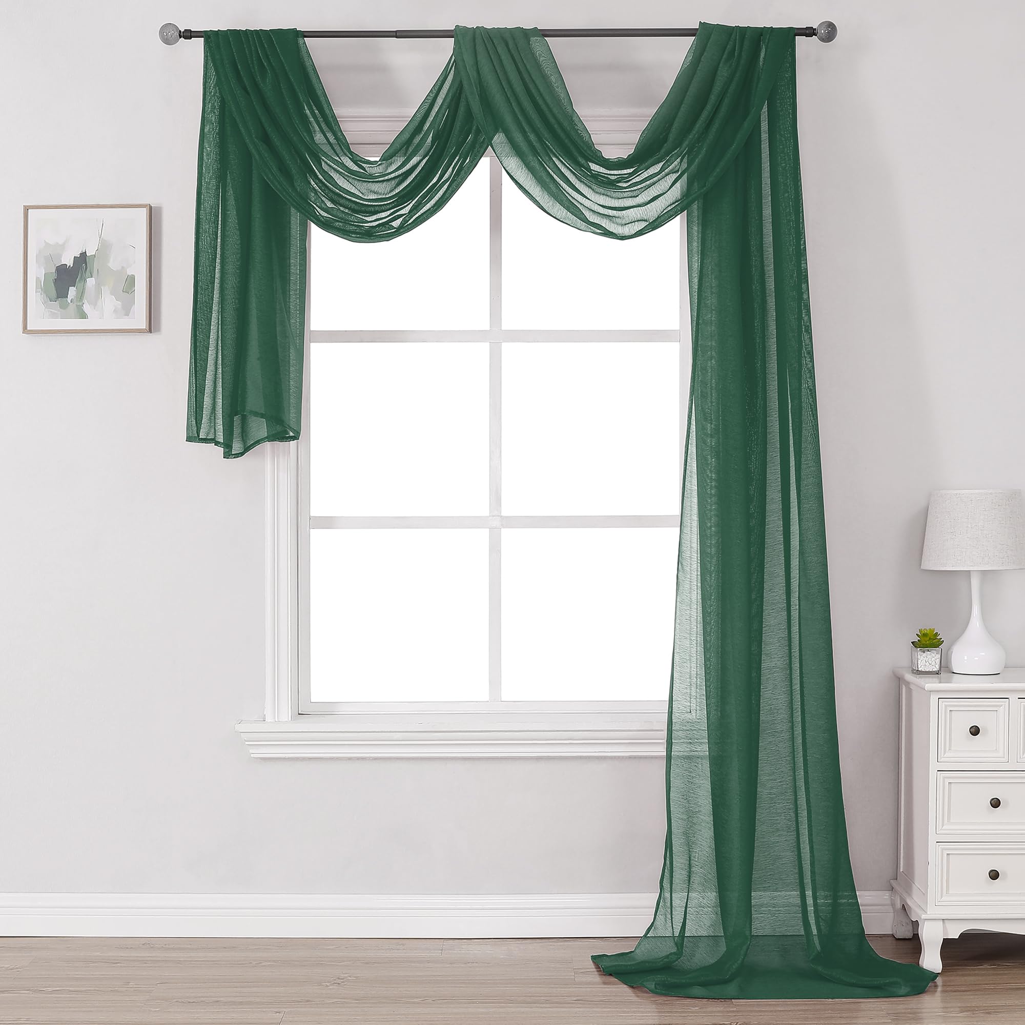 DONREN Dark Hunter Green Sheer Window Scarf Valance - Christmas Decor Luxury Soft Semi Sheer Scarf for Window Wedding Arch Sheer