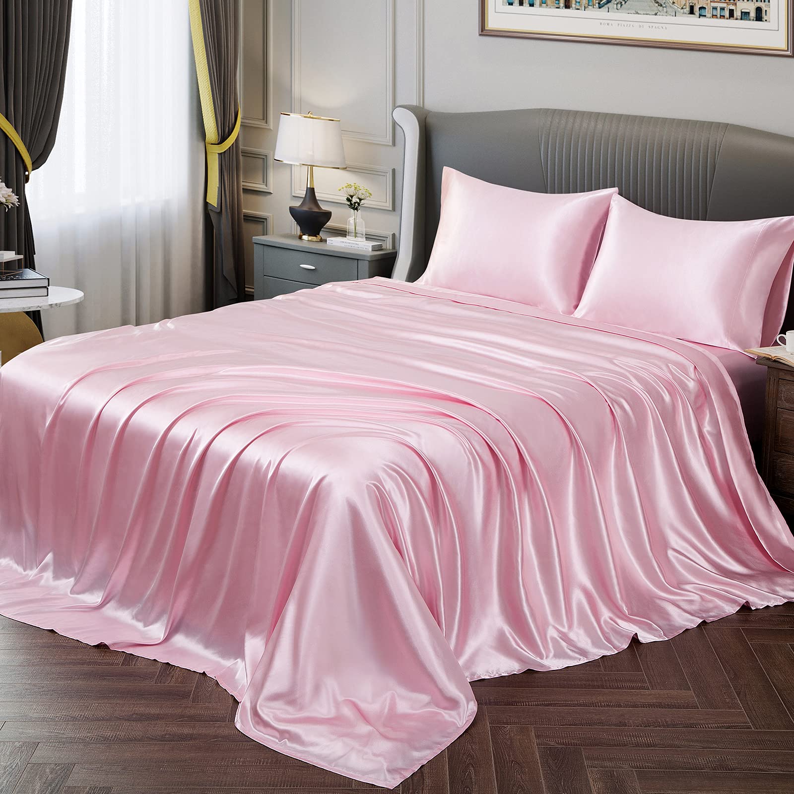 Vonty Satin Sheets Queen Size Silky Soft Satin Bed Sheets Pink Satin Sheet Set, 1 Deep Pocket Fitted Sheet + 1 Flat Sheet + 2 Pi